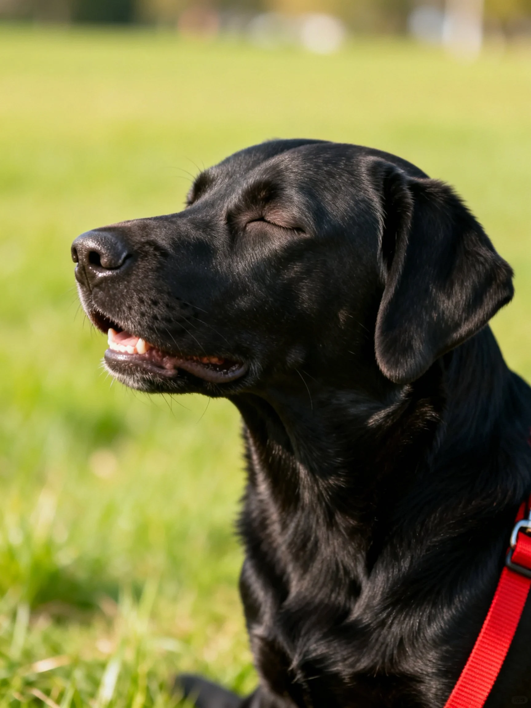 Black Labrador Retriever resting with closed eyes on grass
