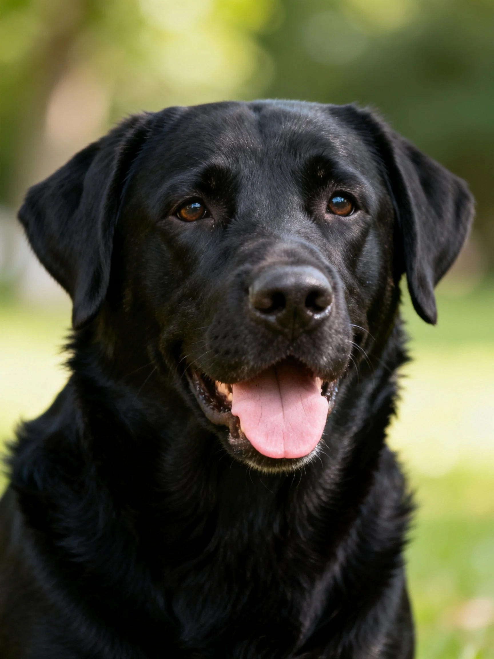 A black Labrador Retriever shows a relaxed expression with its mouth open.