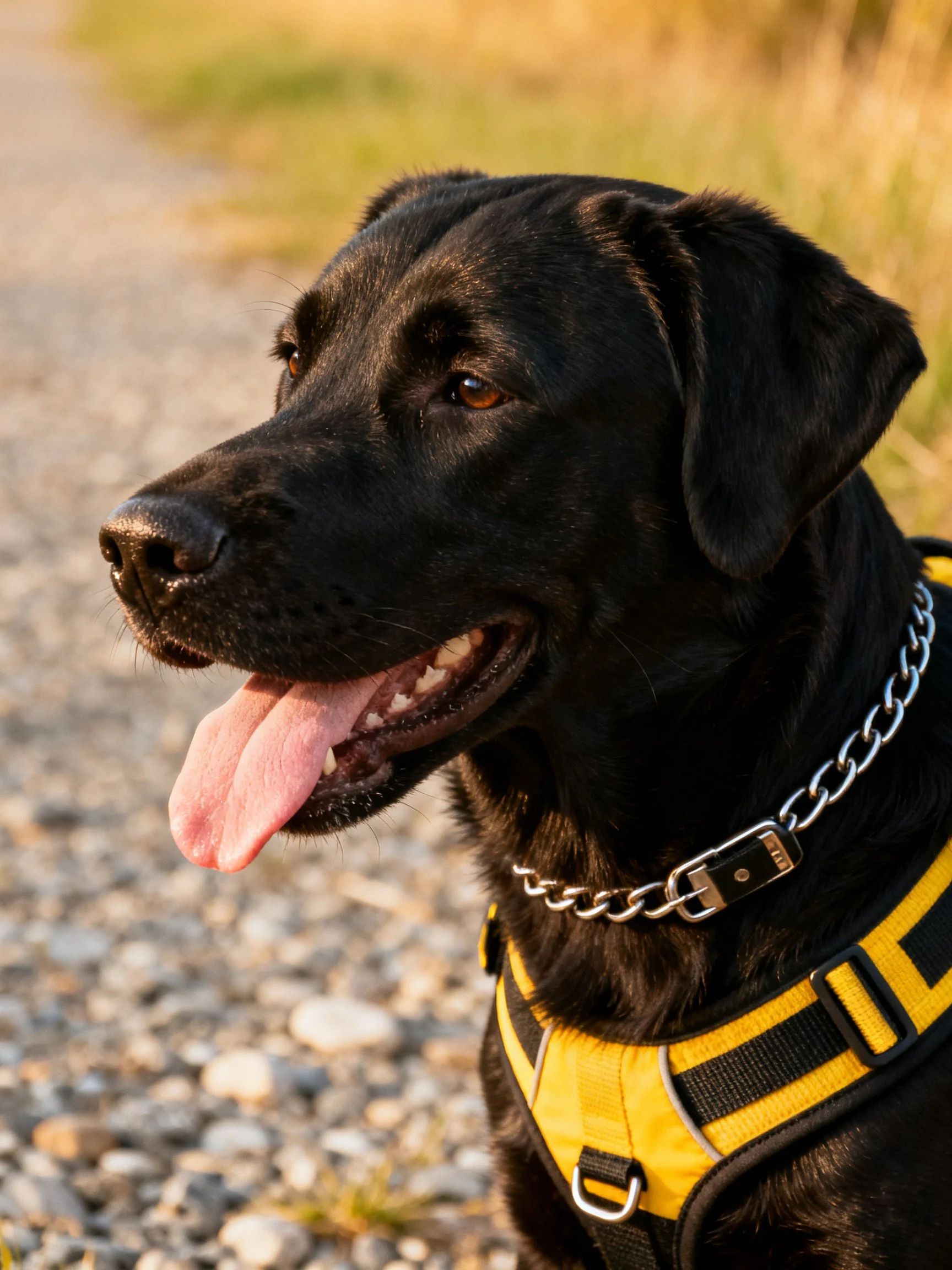 Black Labrador in yellow harness with silver chain outdoors