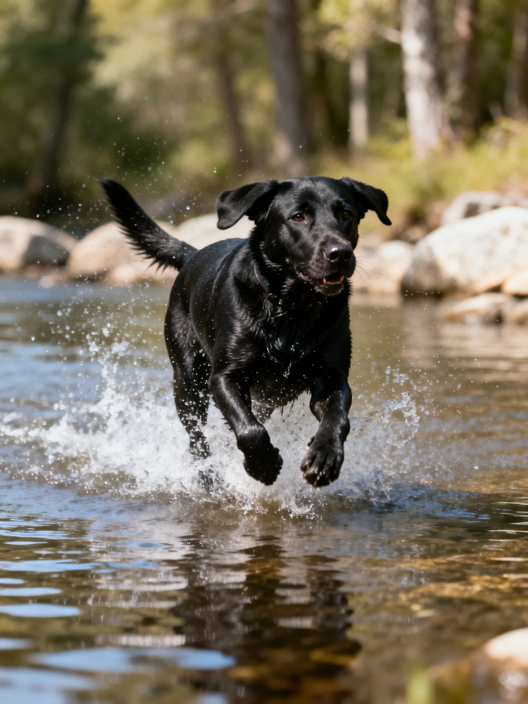 Black Labrador leaping through shallow stream with splashing water