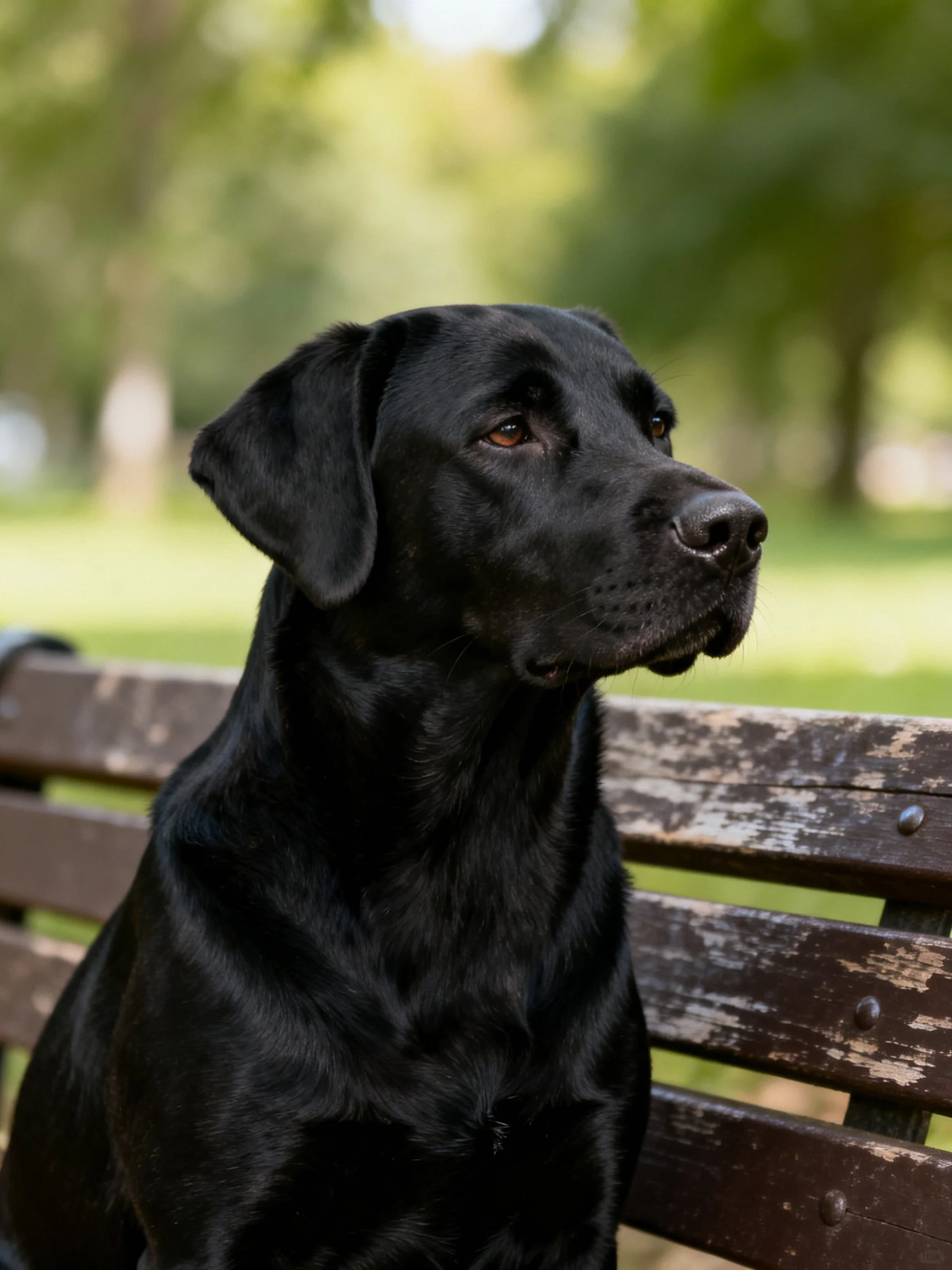 A black Labrador sits calmly on a worn wooden bench in a sunny park.