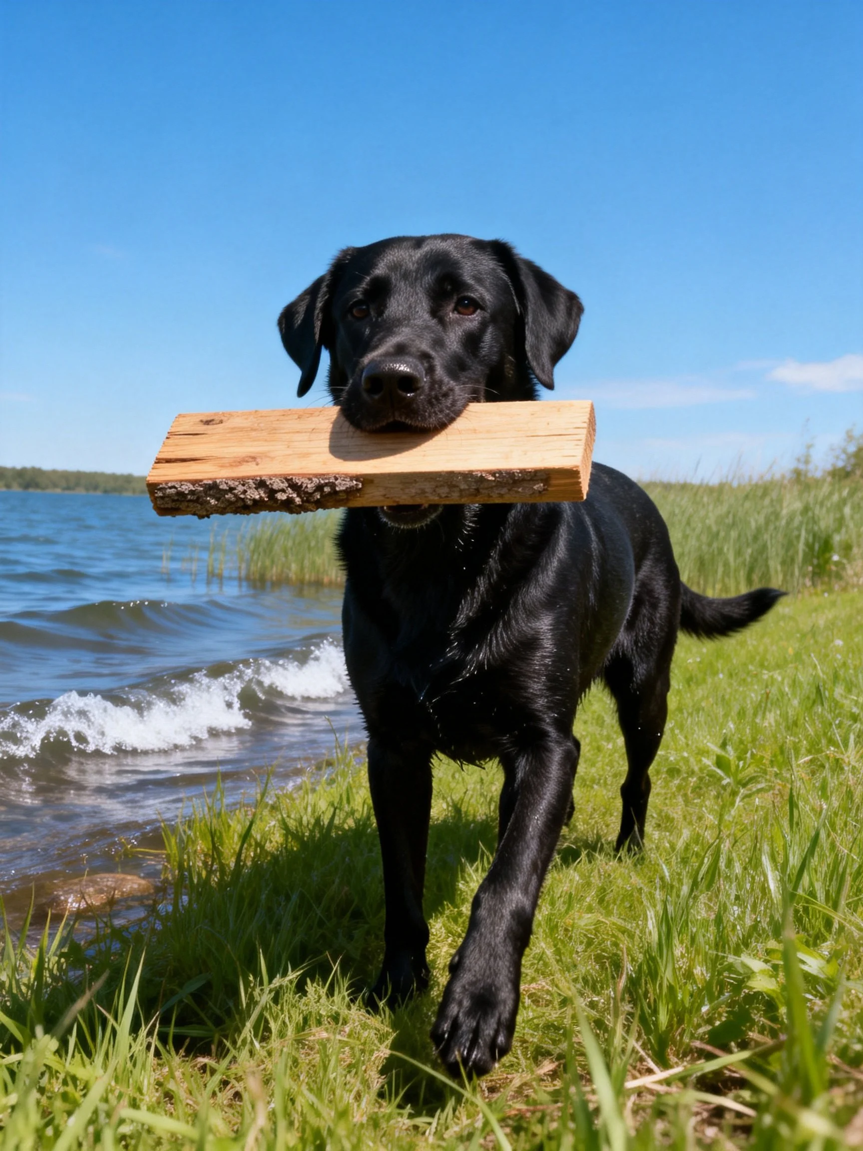 A black Labrador retriever carries a wooden plank near a lakeshore.