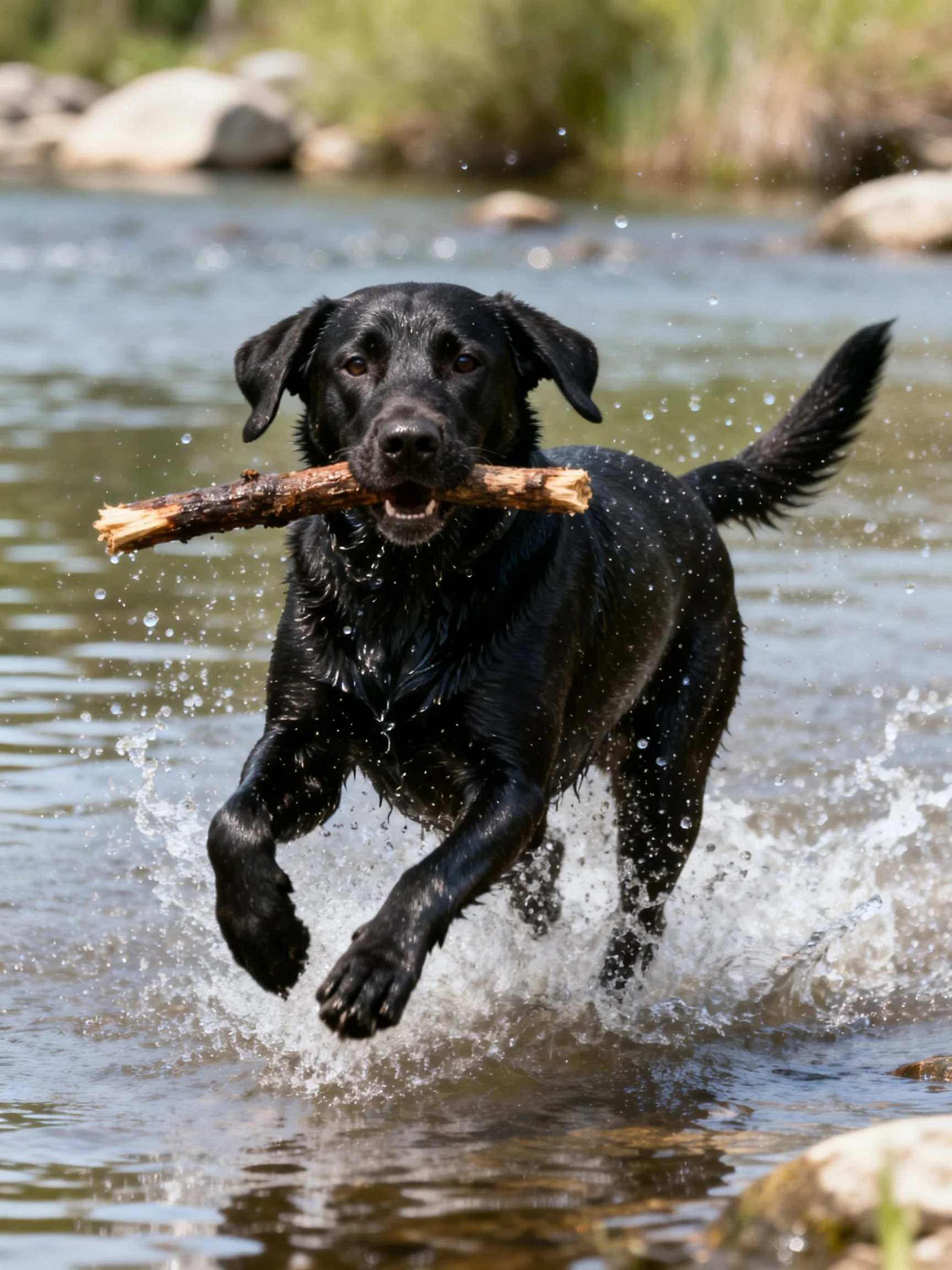 Black Labrador retriever carrying a stick through splashing water