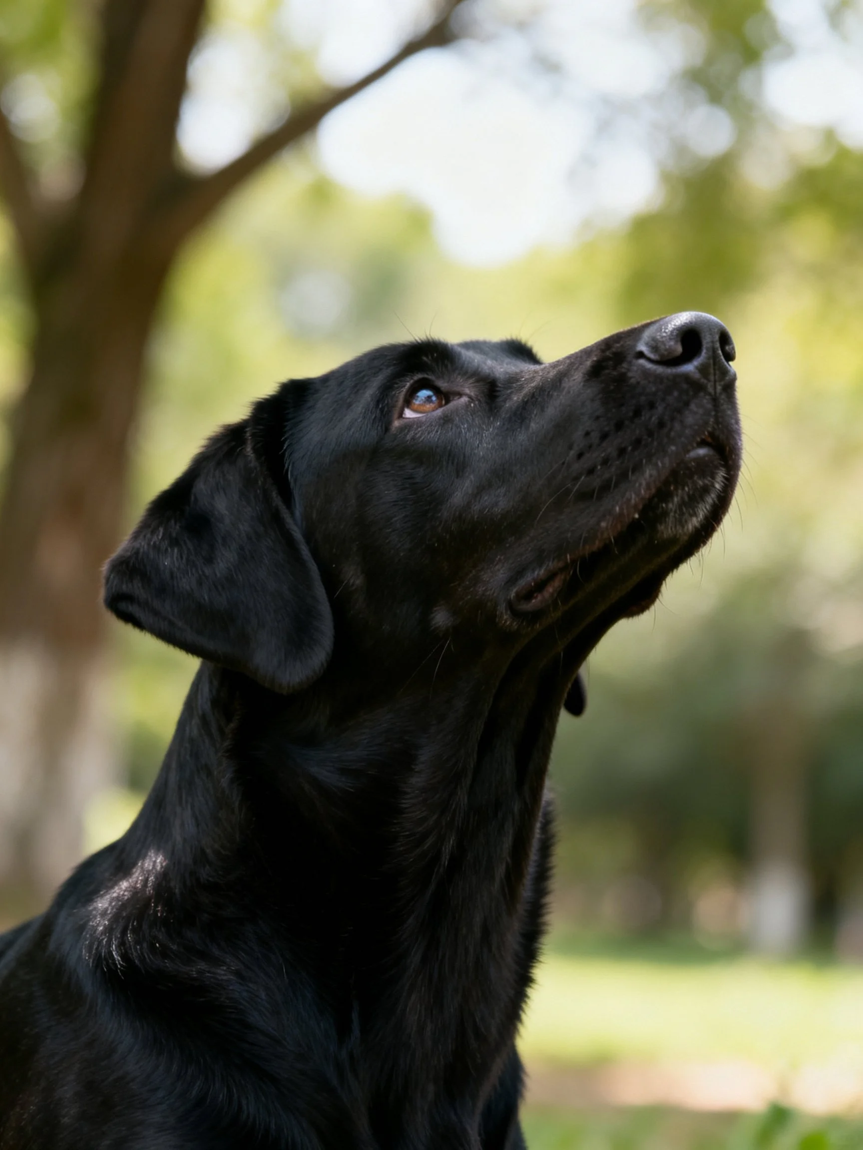 A black Labrador retriever looks upward in a sunlit area with trees.
