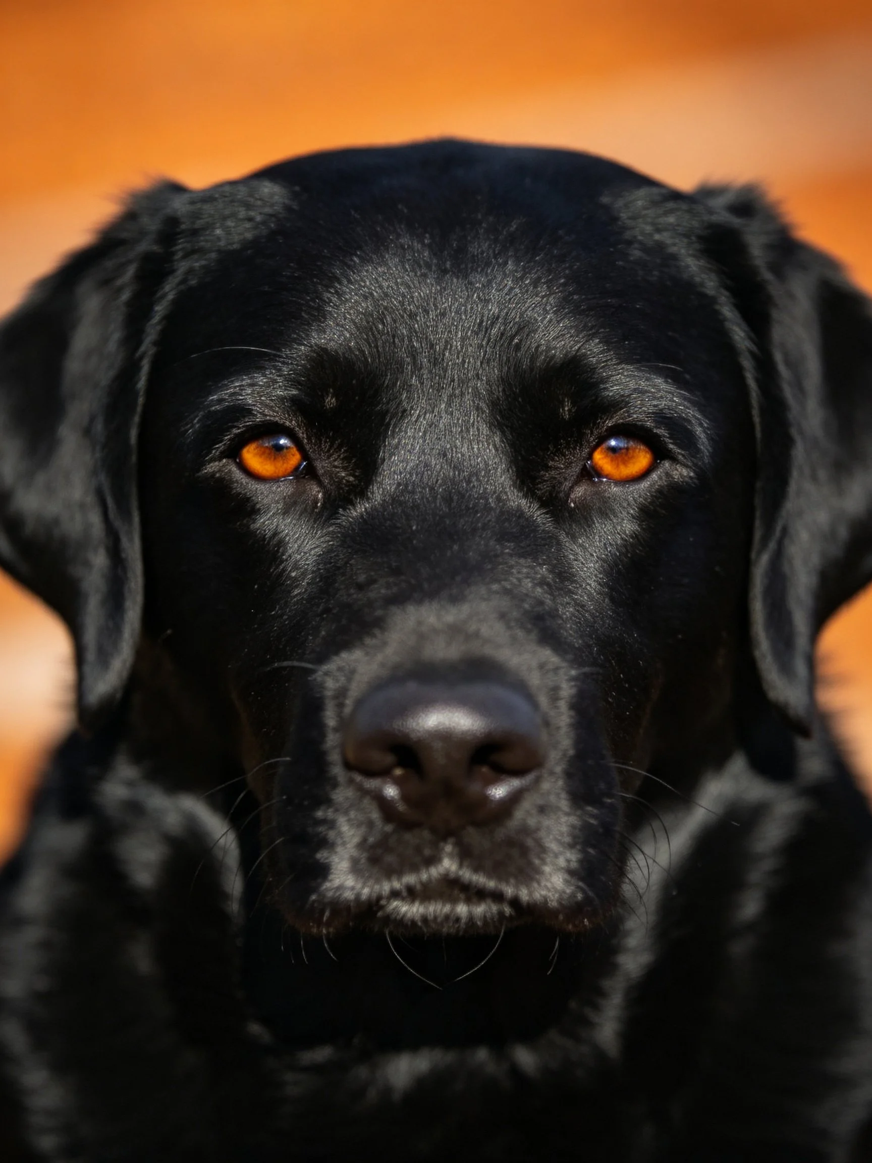 A black Labrador retriever stares directly at the camera with vivid amber eyes.