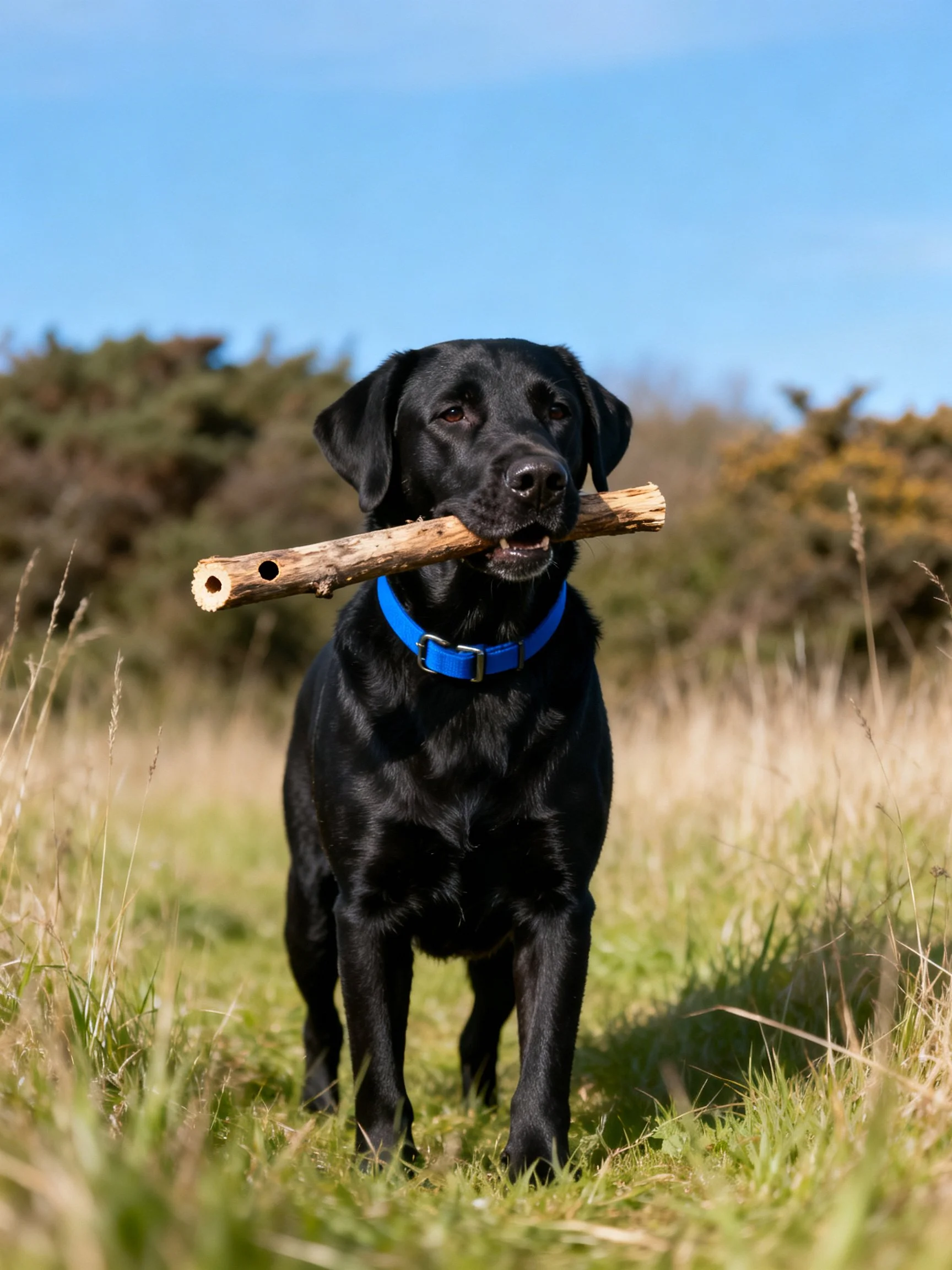 A black Labrador retriever carries a wooden stick while standing in an grassy outdoor area.