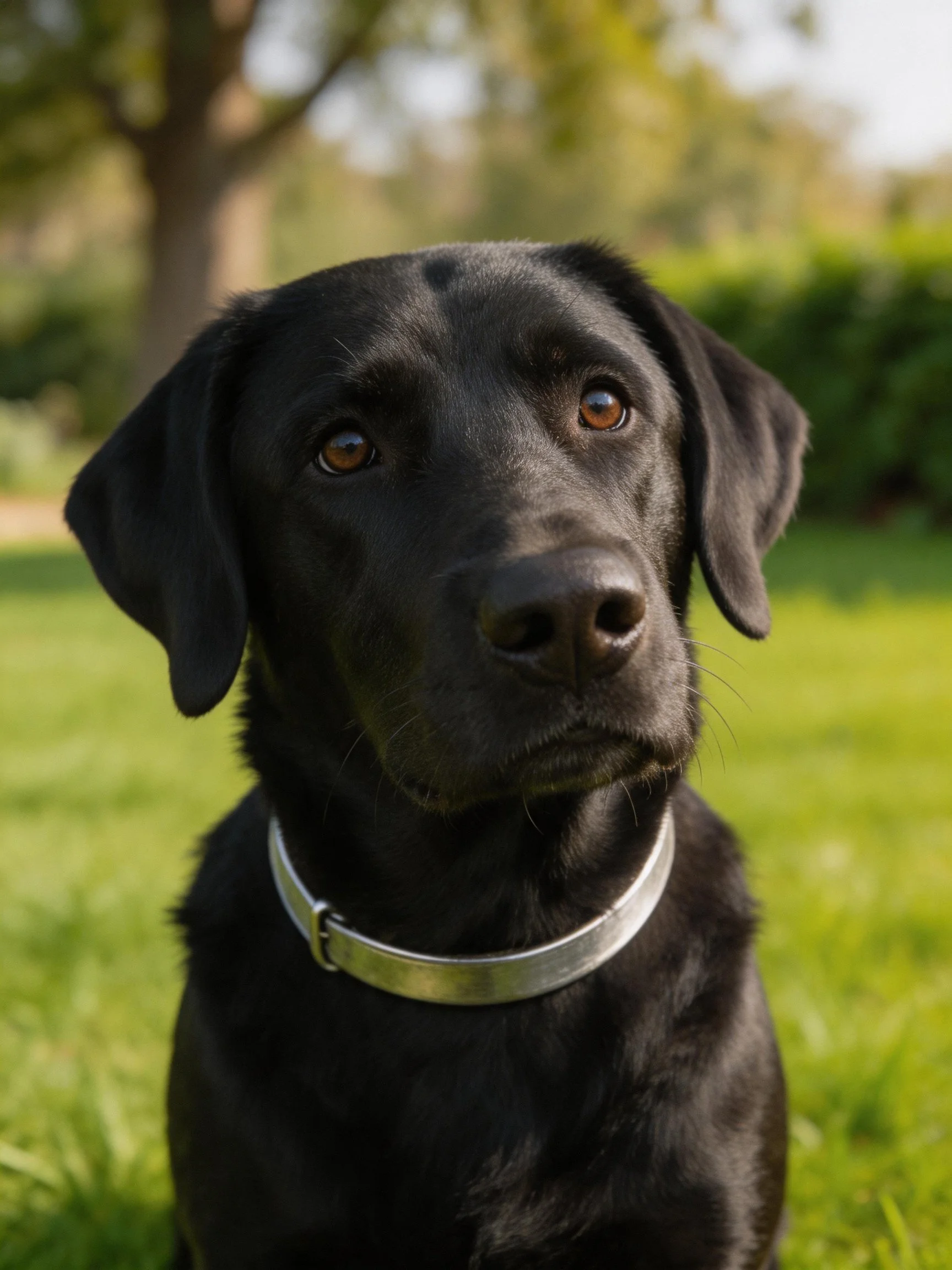 A black Labrador retriever with a silver collar sits in a grassy outdoor area.