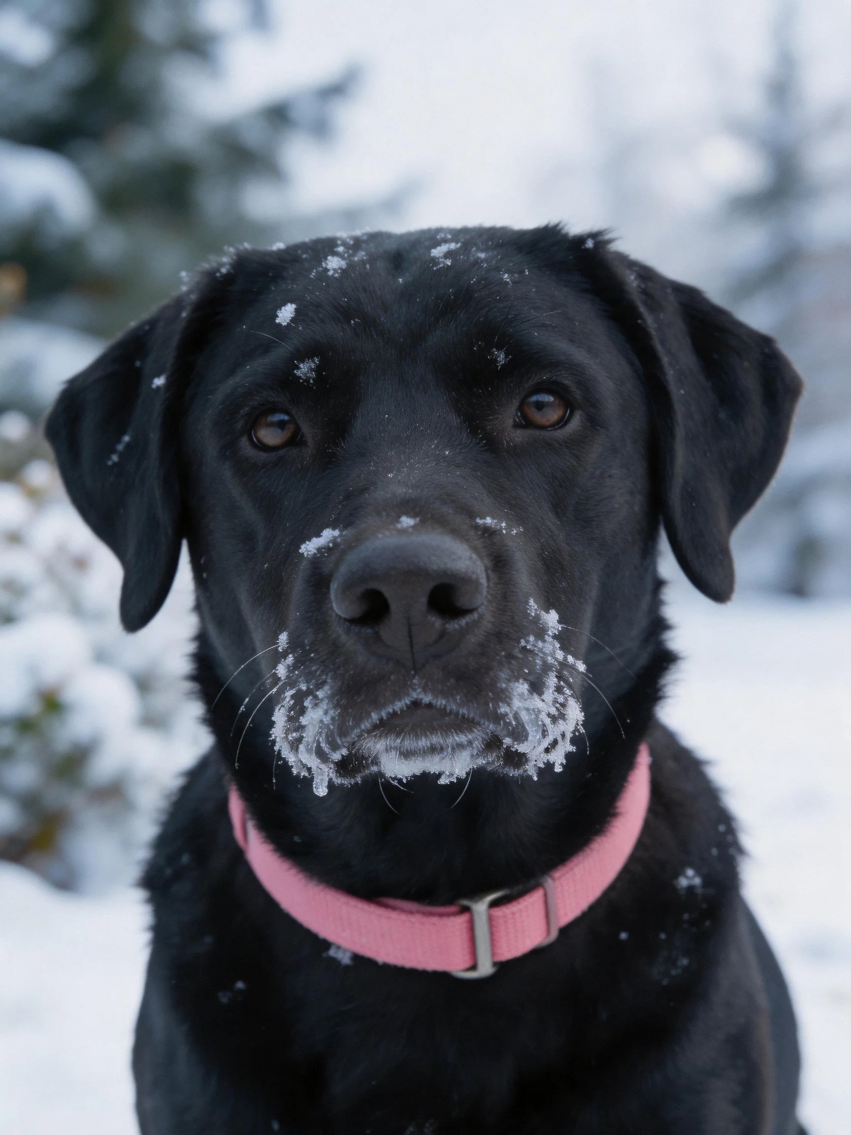 A black Labrador retriever has snow and frost on its muzzle in a snowy environment.