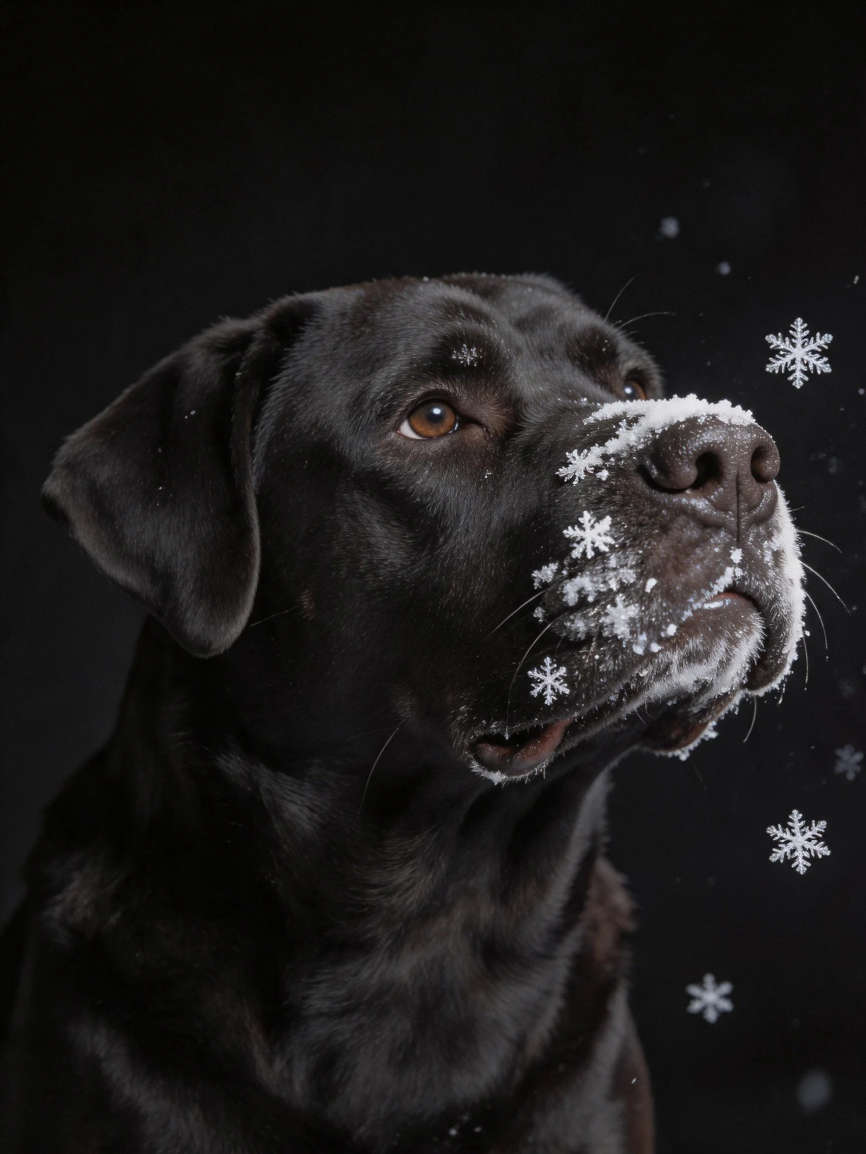 A black Labrador retriever has snowflakes on its snout in a dark setting.