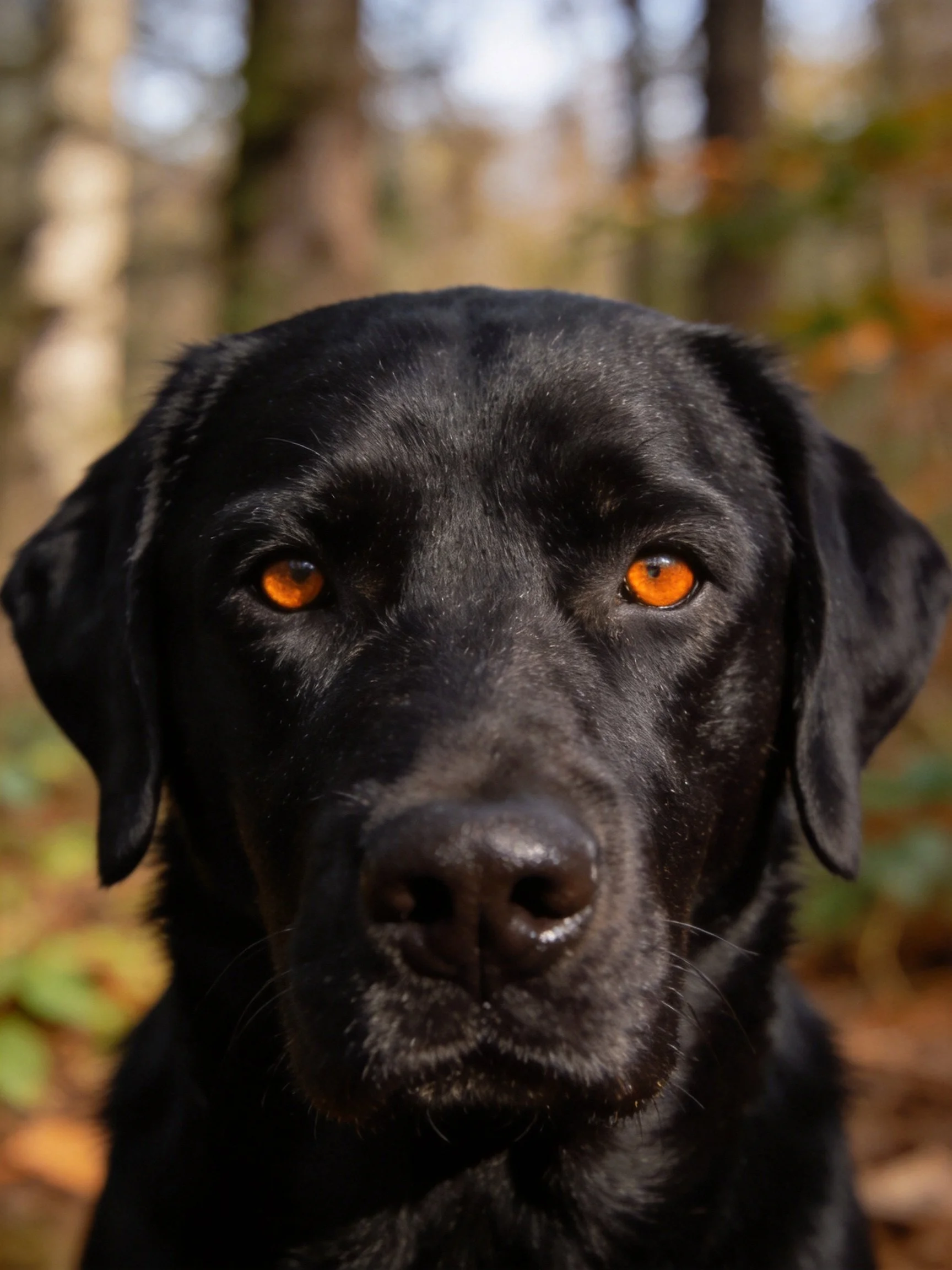 A black Labrador retriever stares directly at the camera with bright orange eyes in a wooded area.
