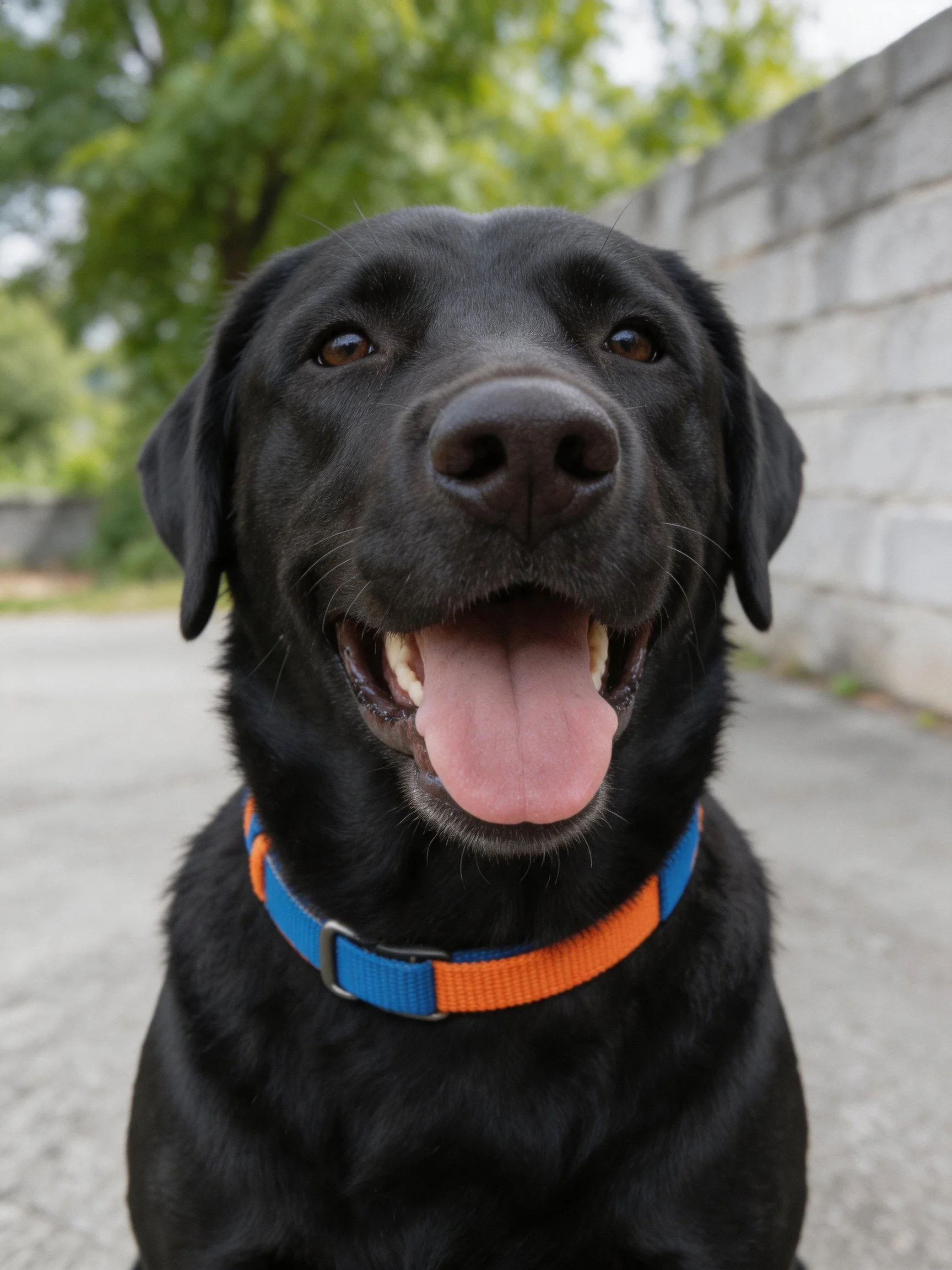 A black Labrador with an open mouth stands near a stone wall outdoors.
