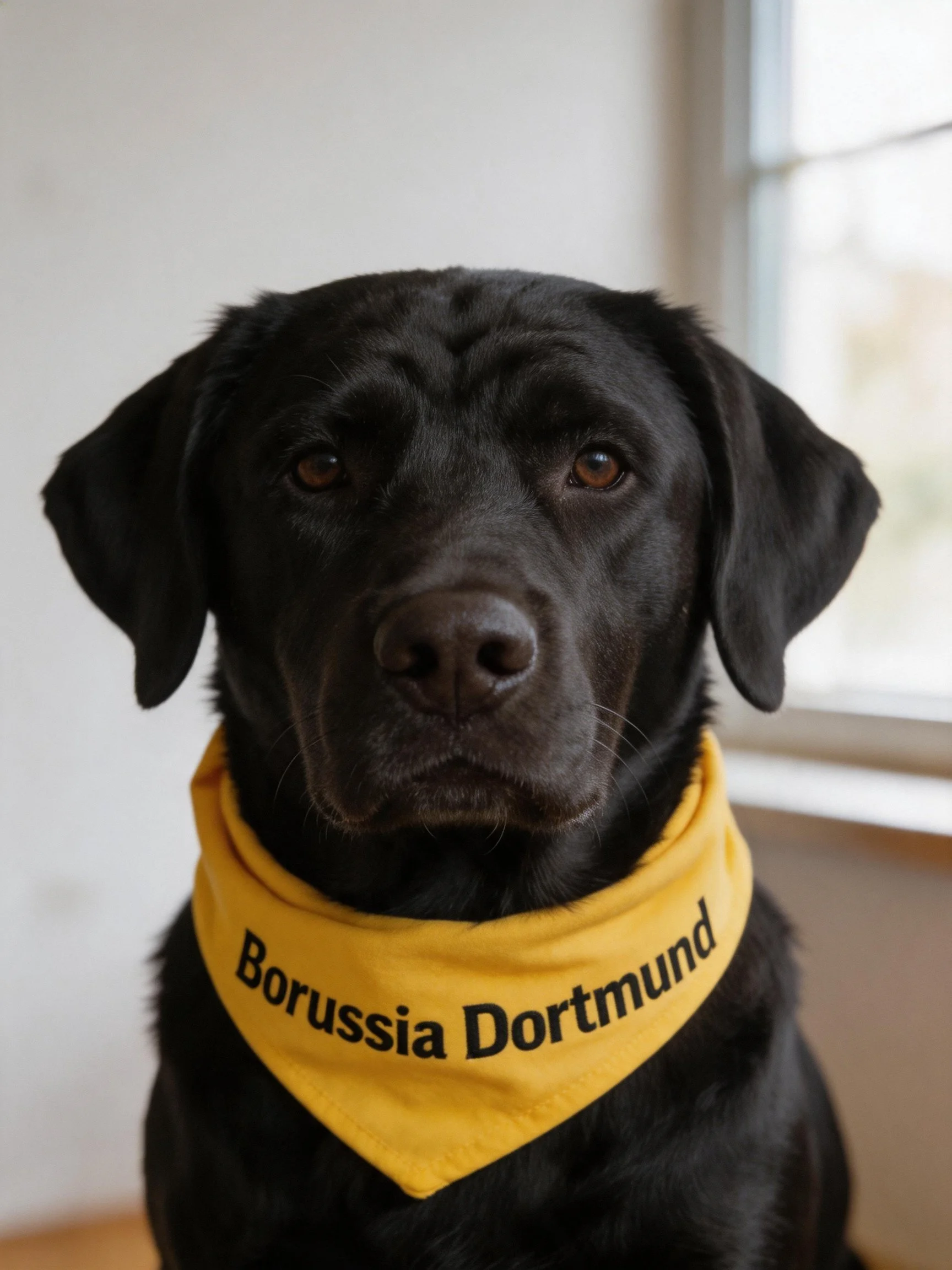 A black Labrador wears a yellow Borussia Dortmund bandana indoors.