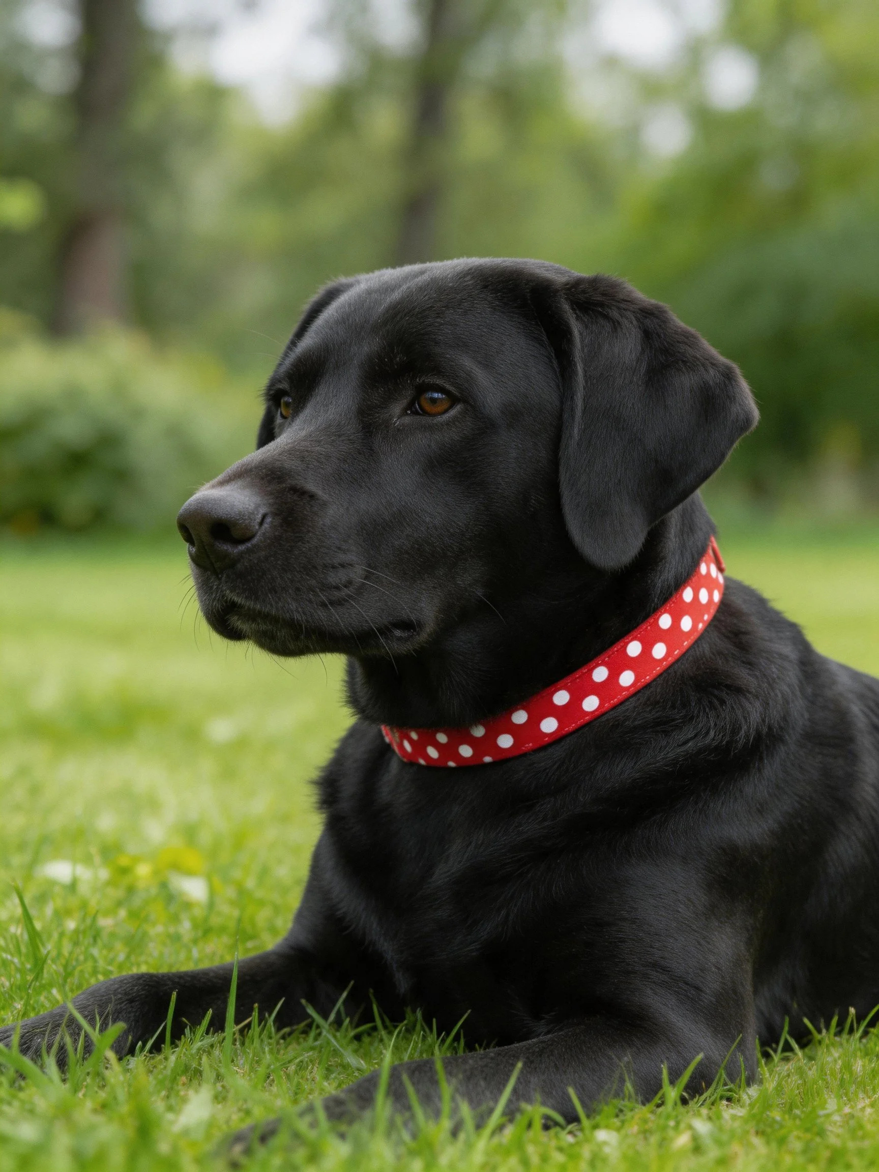 Black Labrador with red polka dot collar on green grass