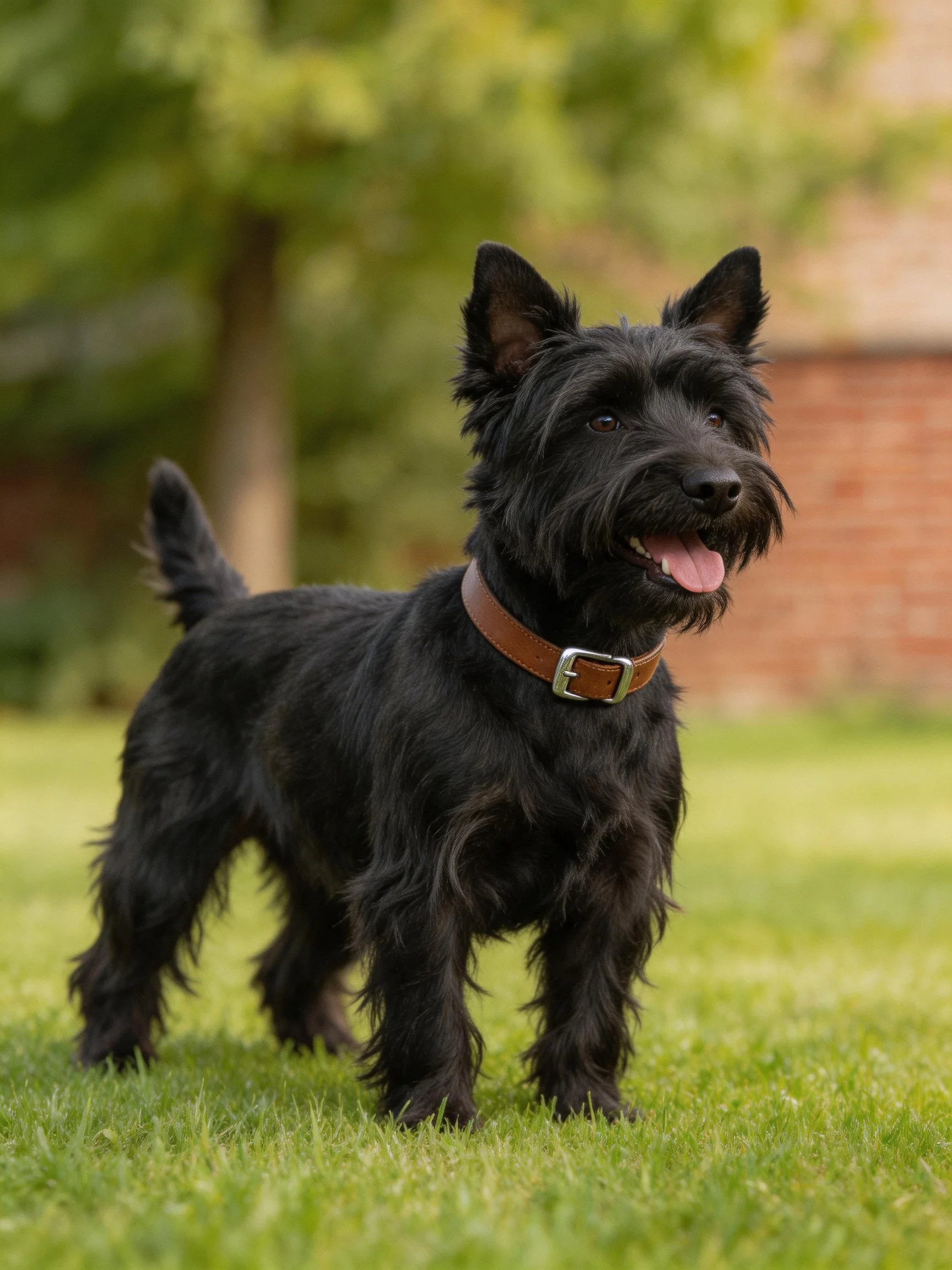 Black Scottish Terrier with brown collar on green grass