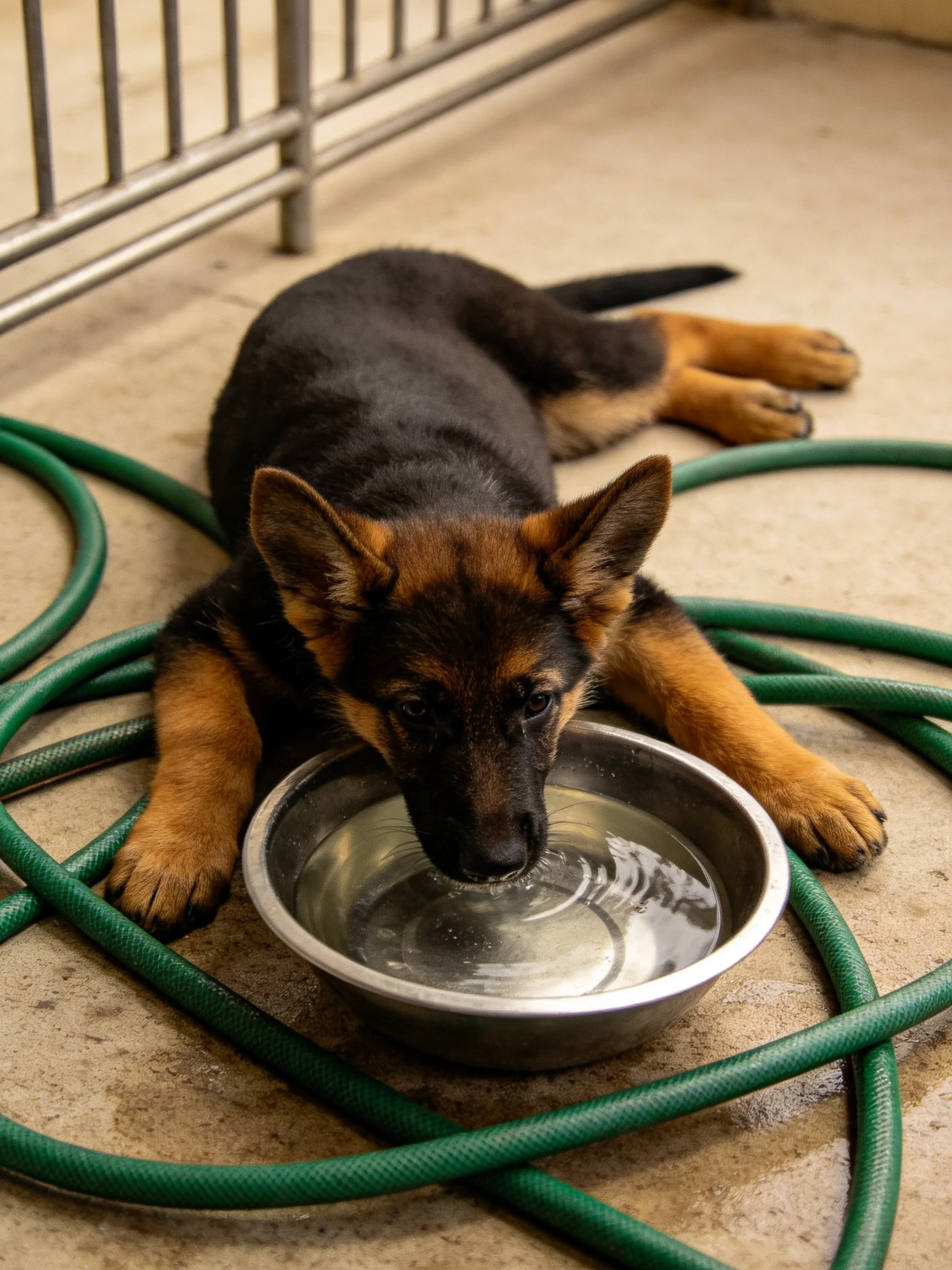 A German Shepherd puppy drinks from a metal bowl beside coiled green hoses.