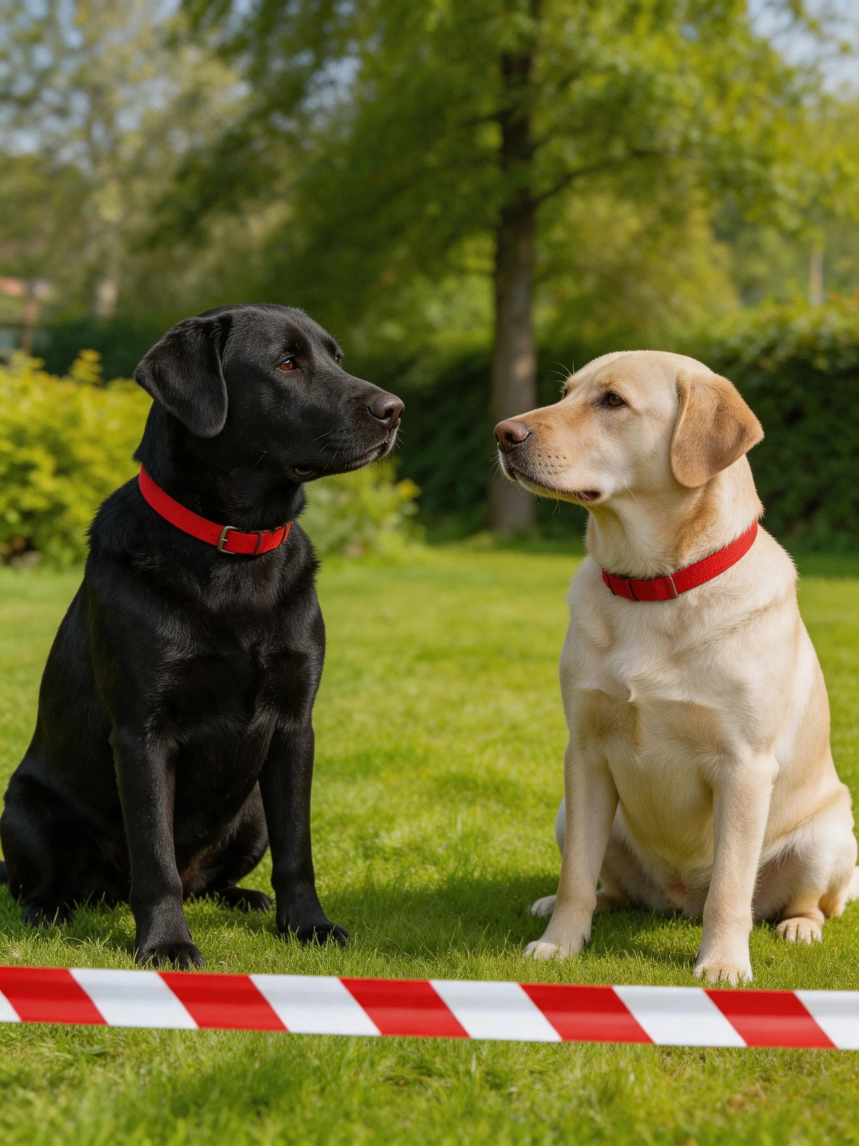 Black and Tan Labradors with Red Collars Resting on Lush Grass