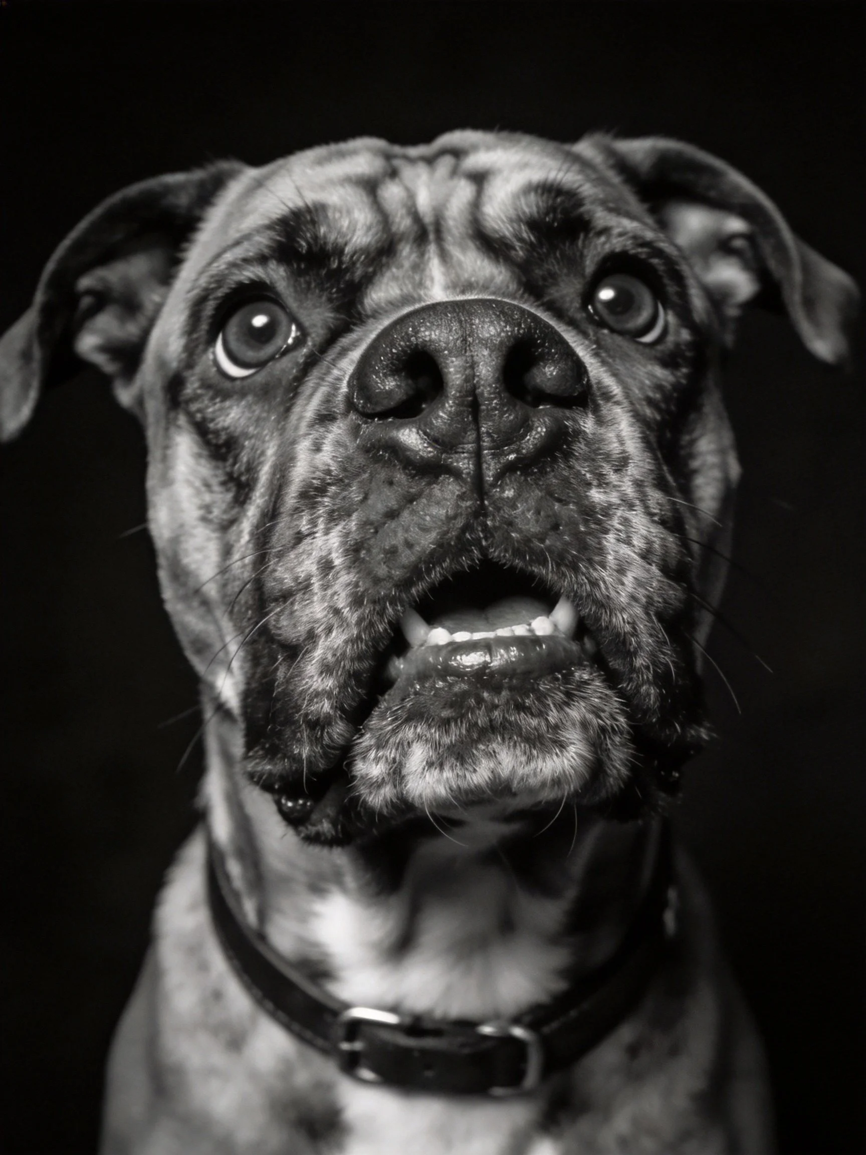 Black and White Close-Up Portrait of a Brindle-Coated Dog