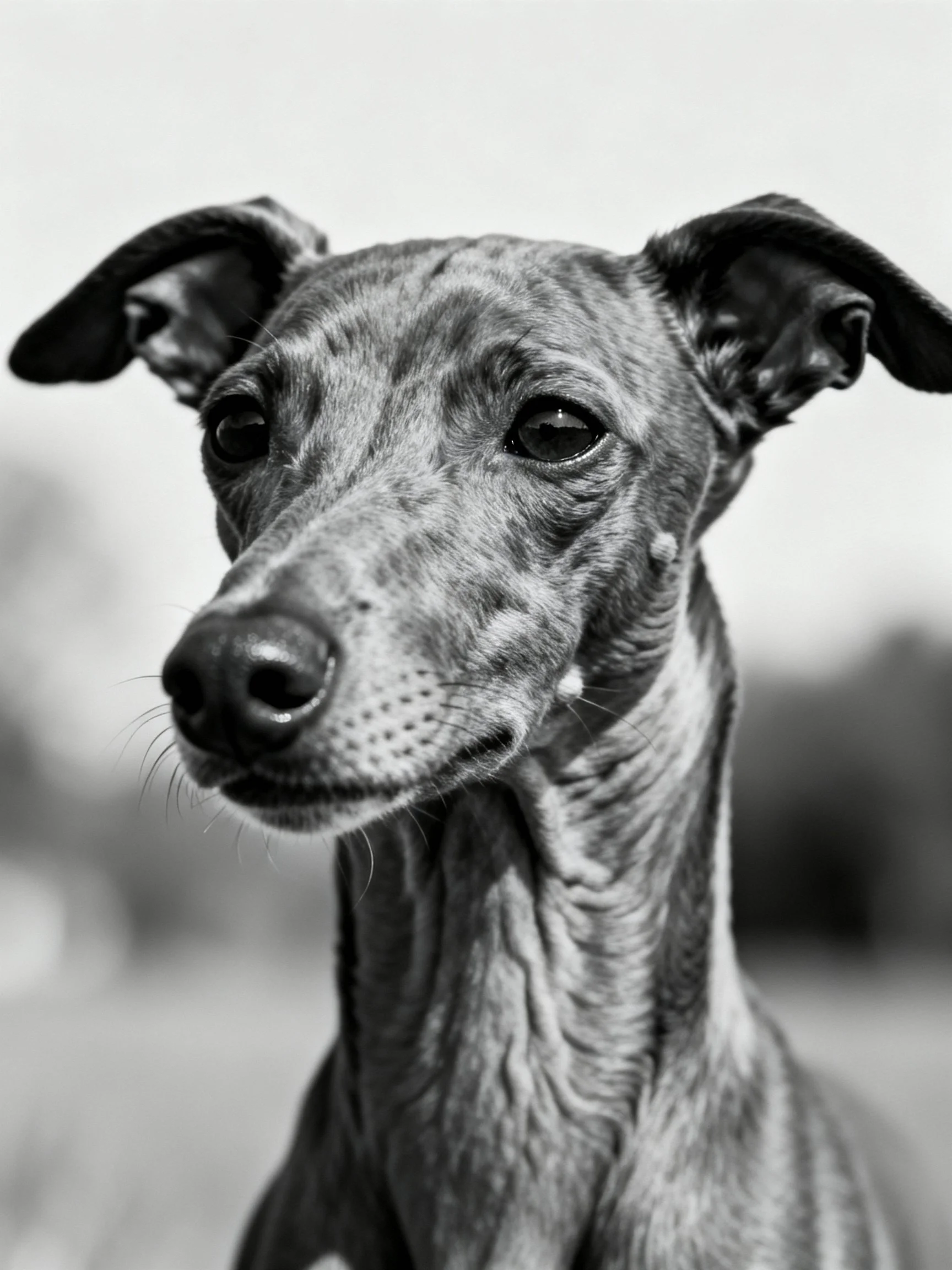 A black and white close - up highlights a sighthounds expressive face.