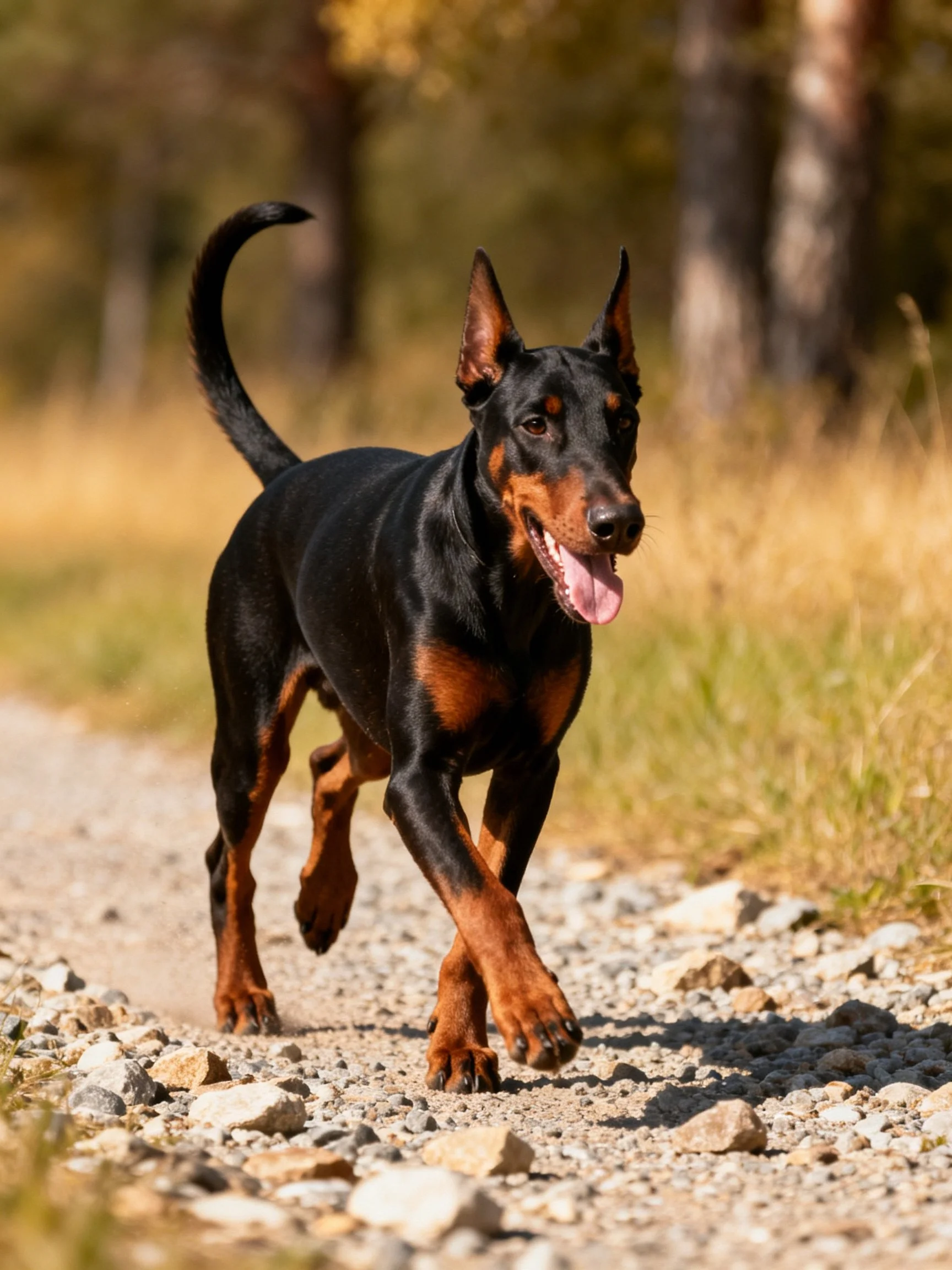A Doberman dog runs energetically along an outdoor gravel path.