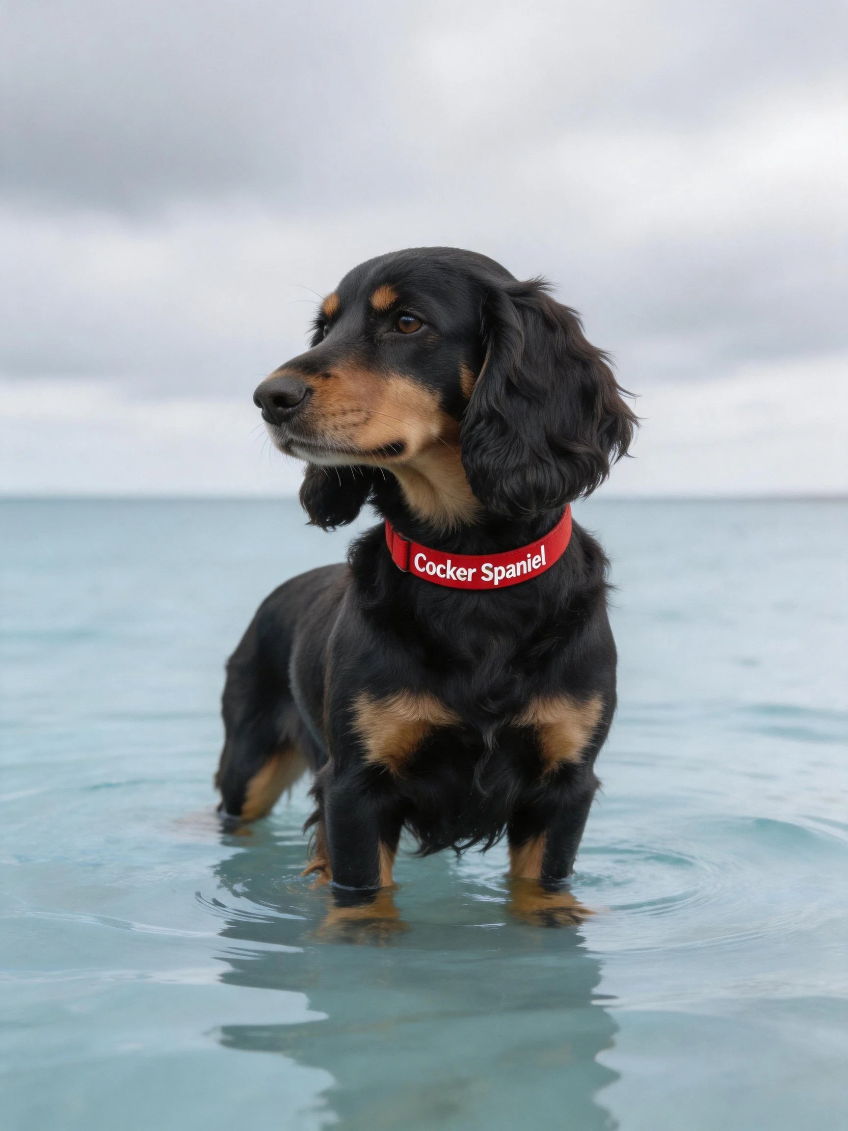 Black and tan Cocker Spaniel with red collar in water