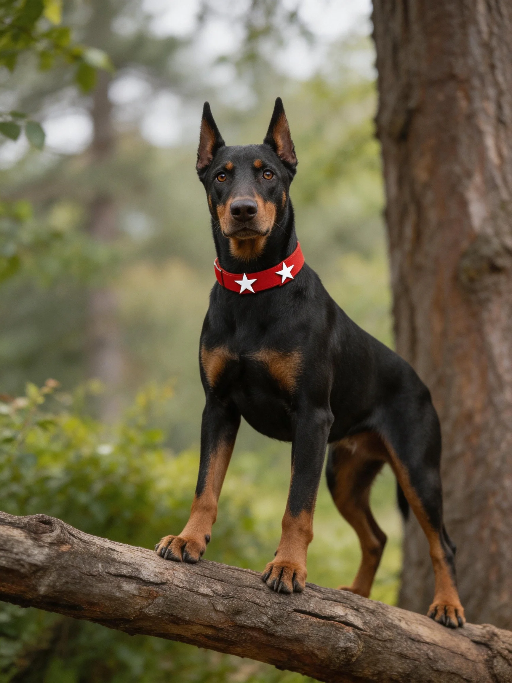 A Doberman Pinscher stands on a tree branch amid trees and greenery.