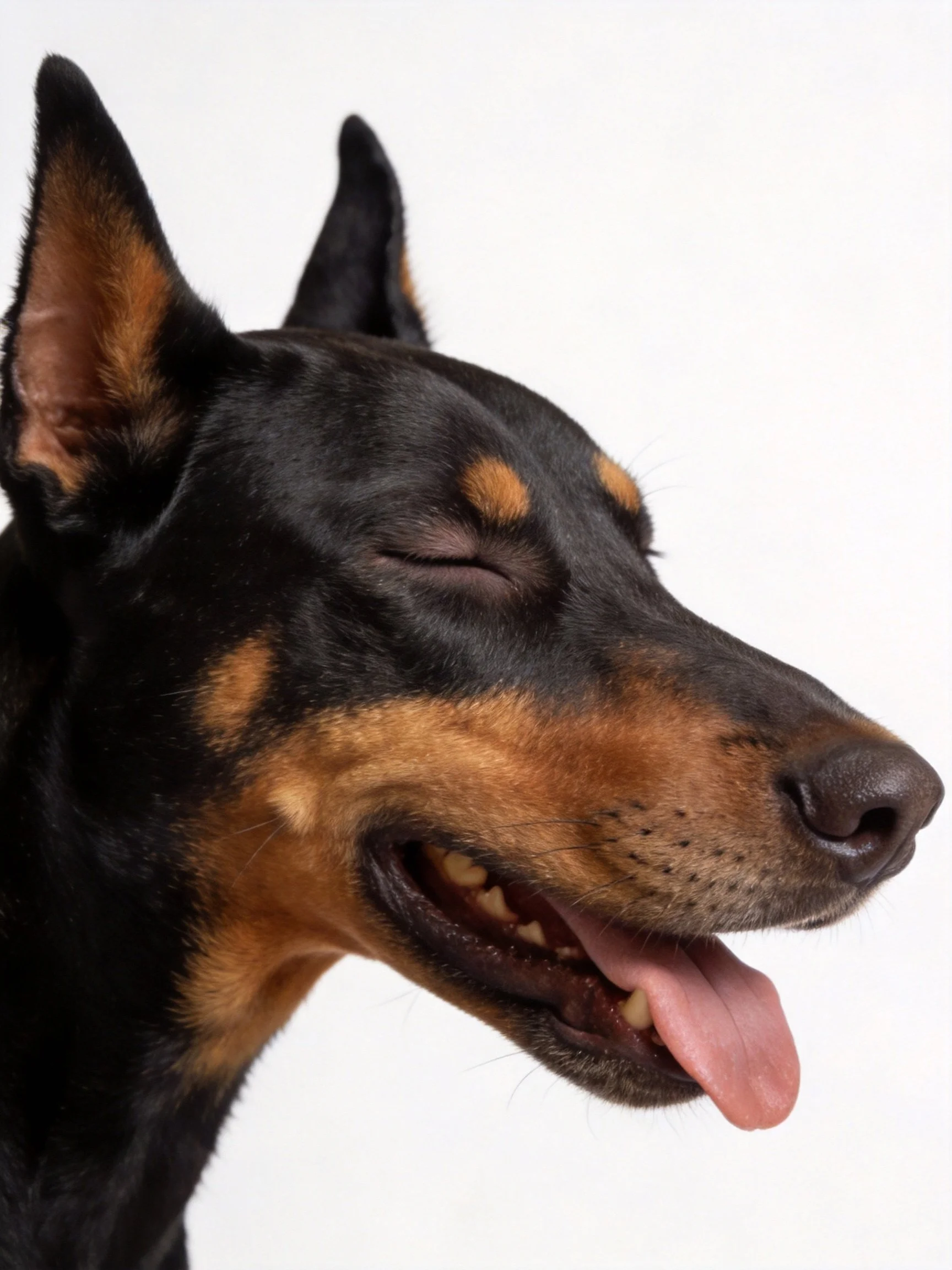 A black and tan Doberman appears relaxed with eyes closed.