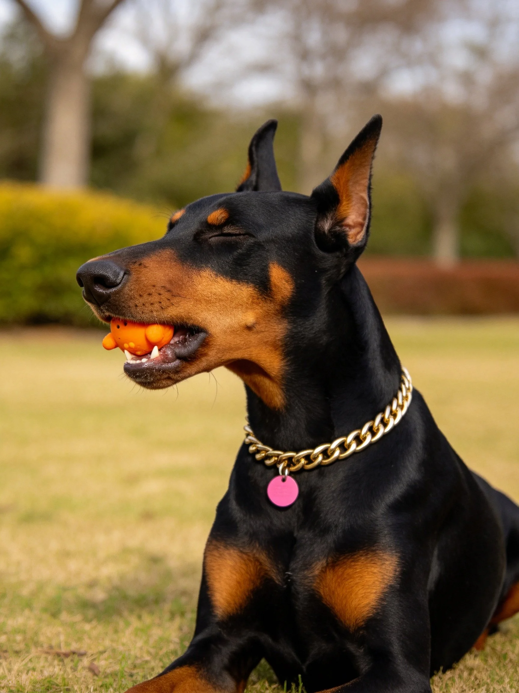 A Doberman with a gold collar plays with an orange toy in a grassy outdoor area.