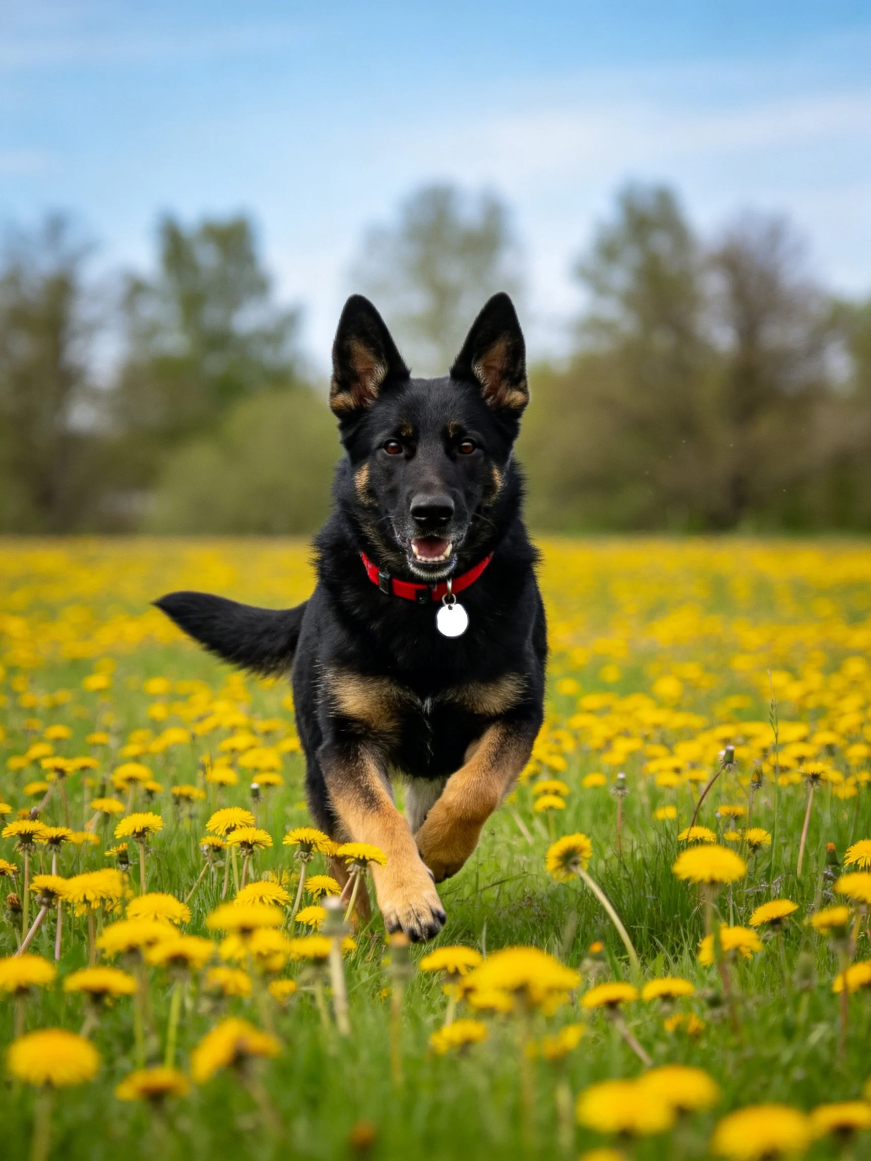 A German Shepherd runs energetically through a field filled with yellow flowers.