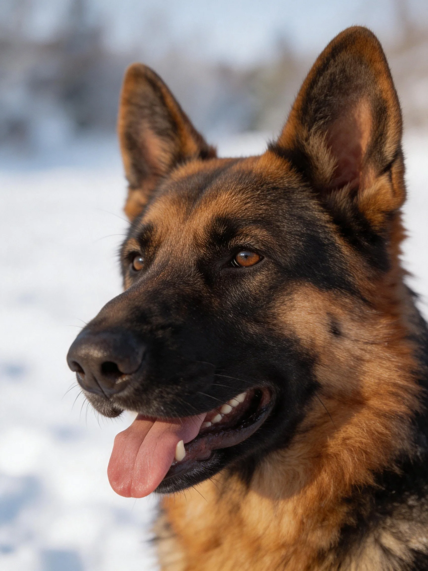 A German Shepherd with black and tan fur is outside near snow.