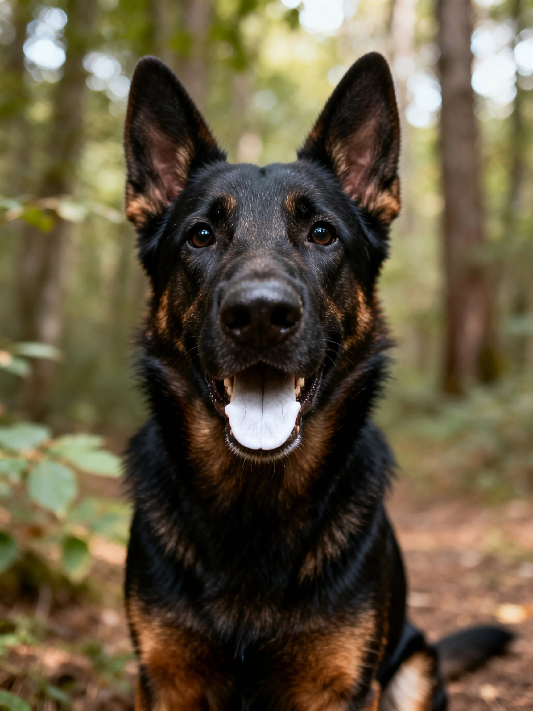 Black and tan German Shepherd in sunlit forest