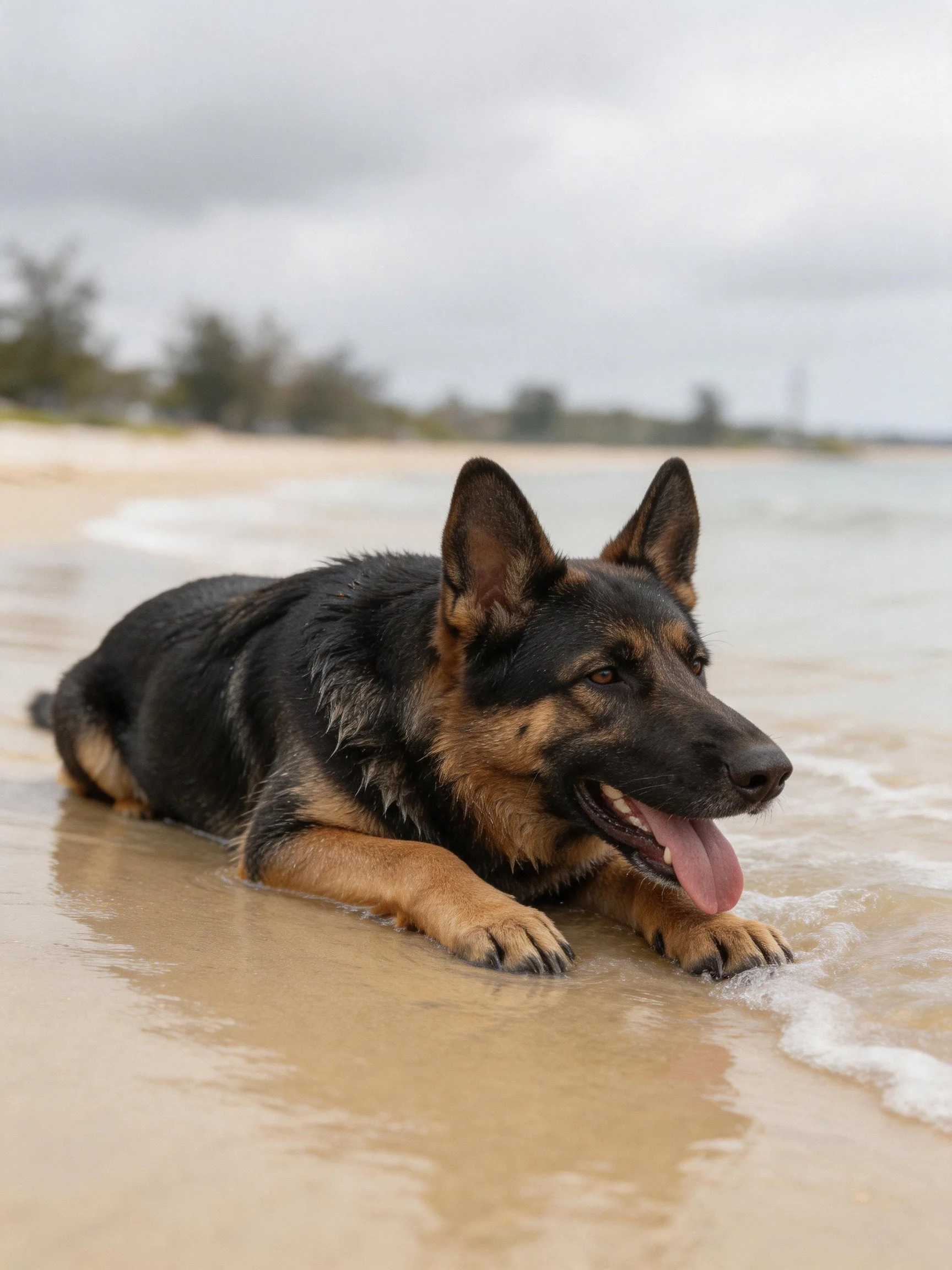 Black and tan German Shepherd lies on wet sand near shoreline