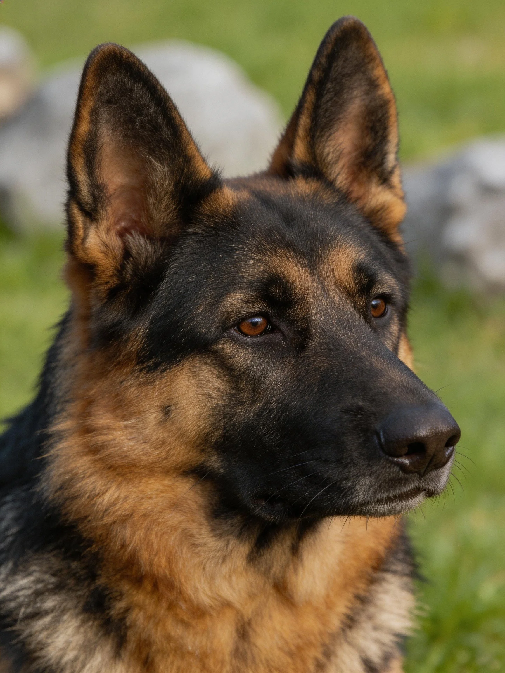 A German Shepherd with black and tan fur is photographed outdoors.