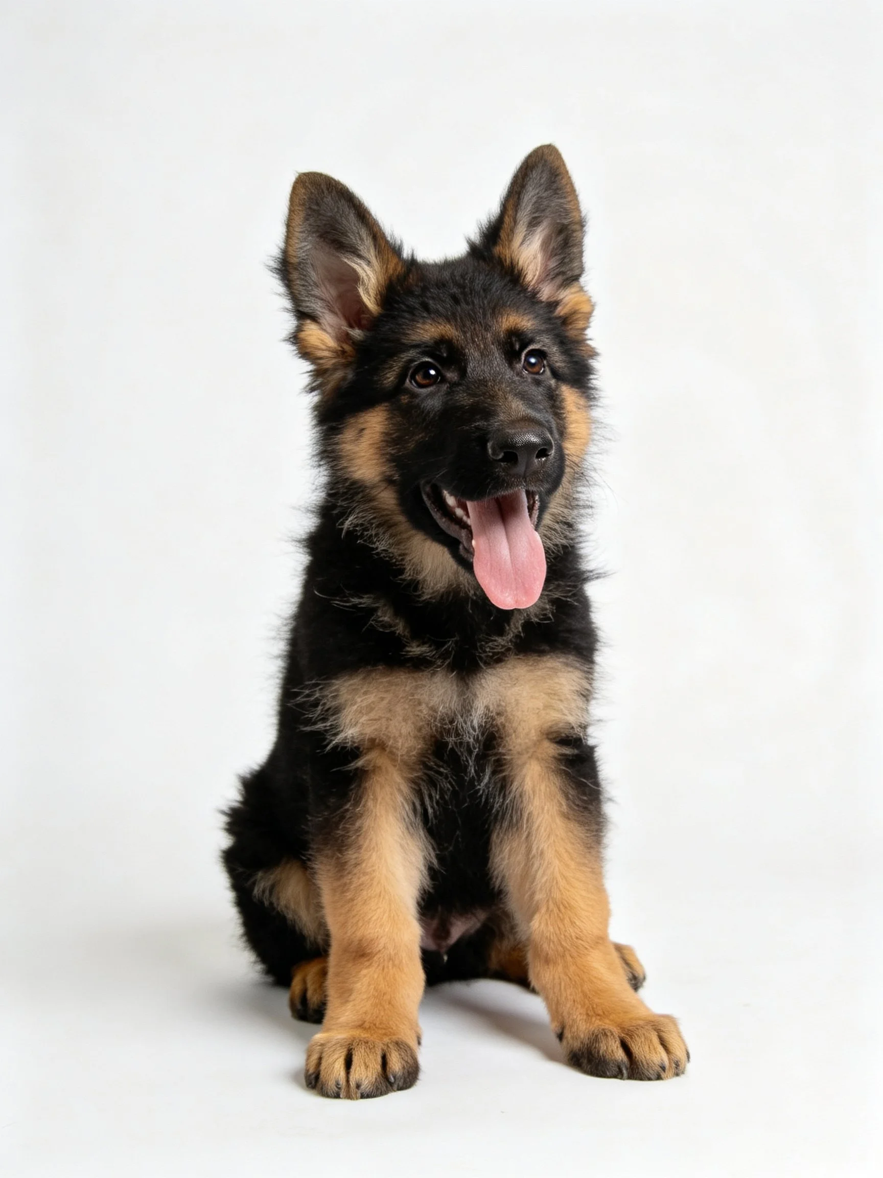 A young German Shepherd puppy sits happily on a white backdrop.