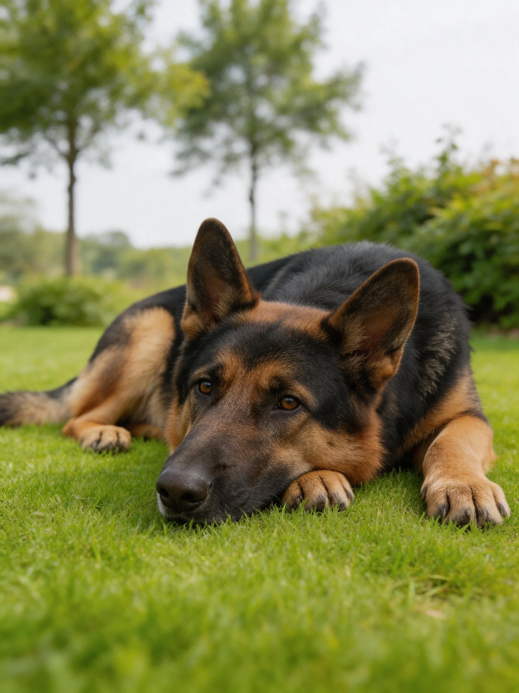 Black and tan German Shepherd reclines on lush green grass near trees