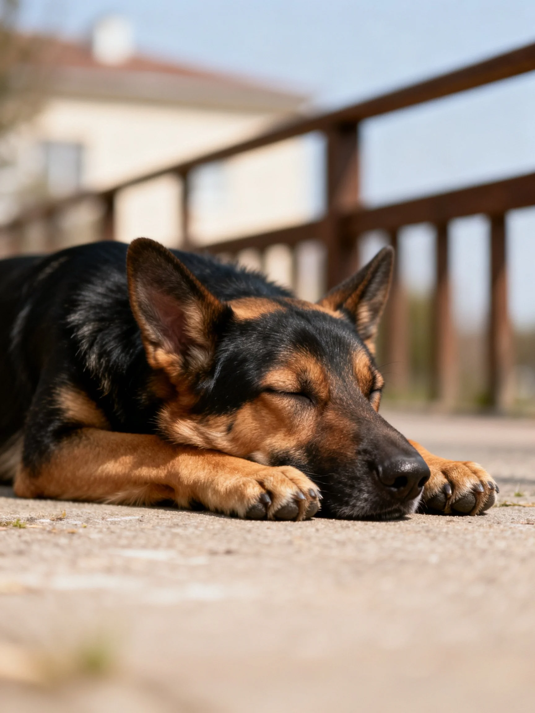 A German Shepherd dog sleeps peacefully on an outdoor concrete surface.