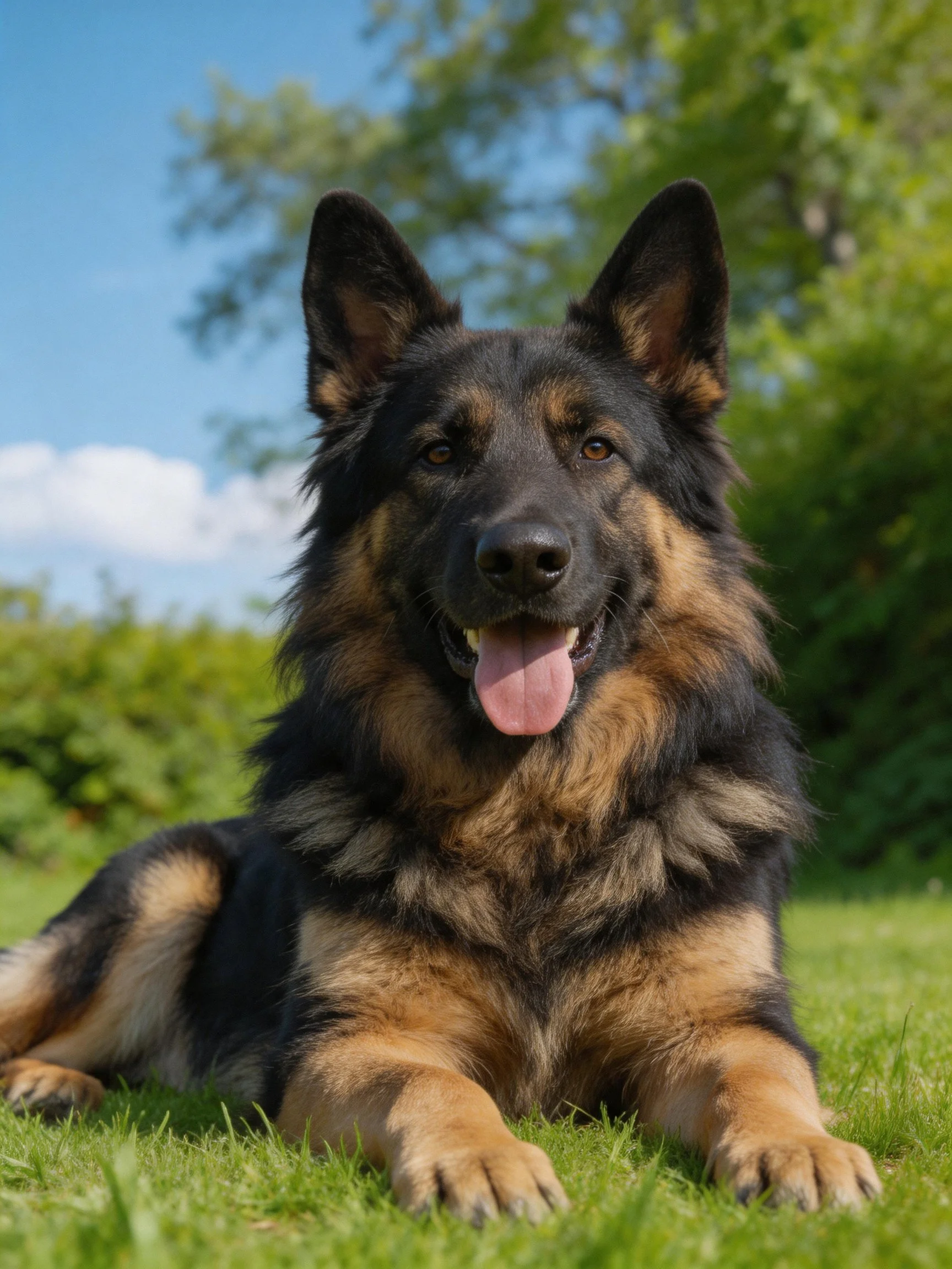 A black and tan German Shepherd relaxes on grass in a sunny outdoor location.