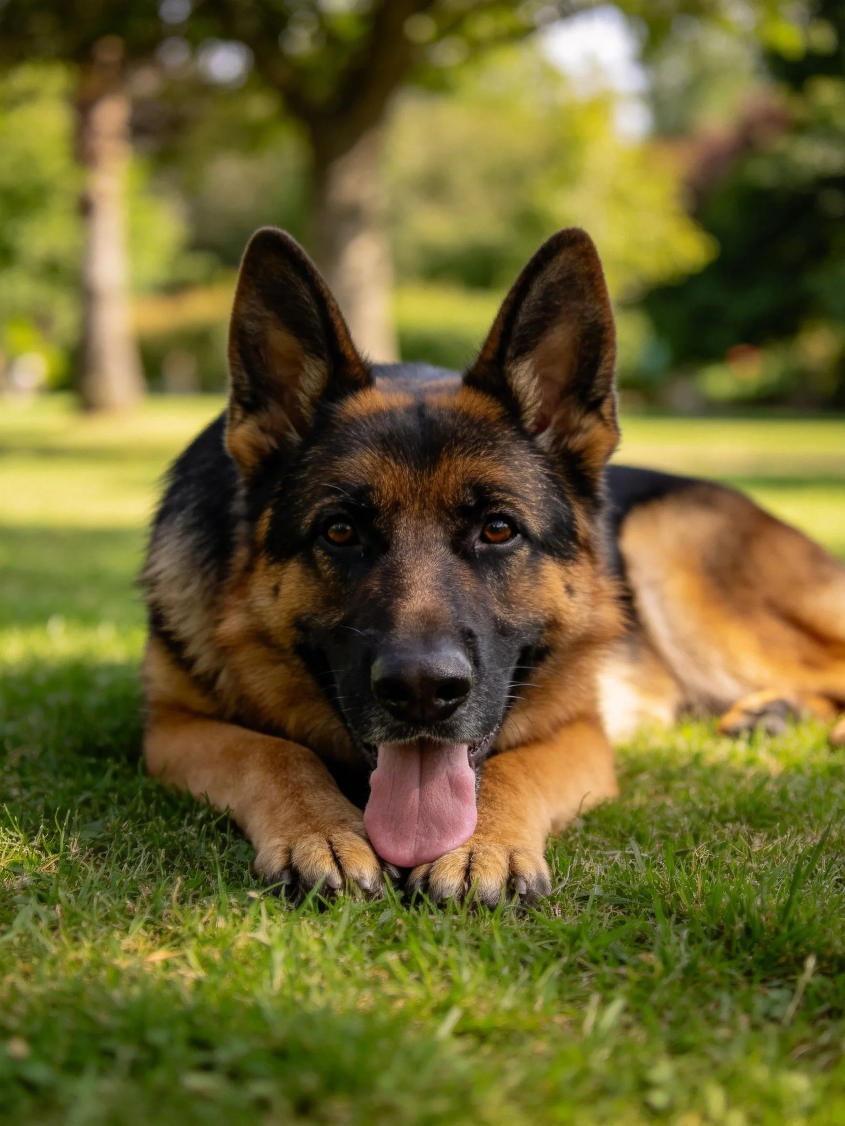 A German Shepherd relaxes on grass in a sunlit park.