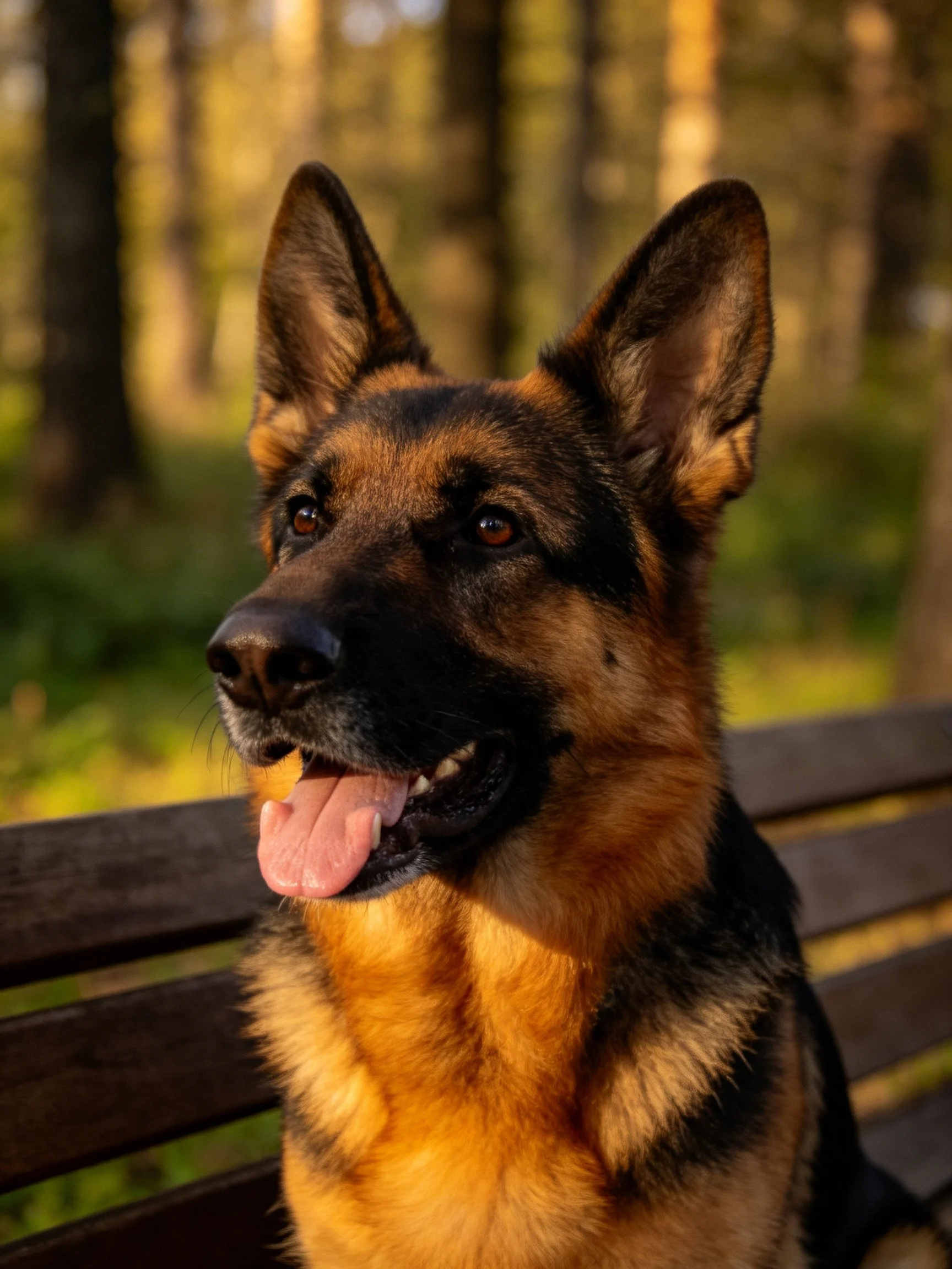 A German Shepherd relaxes on a bench in a sunlit forest setting.