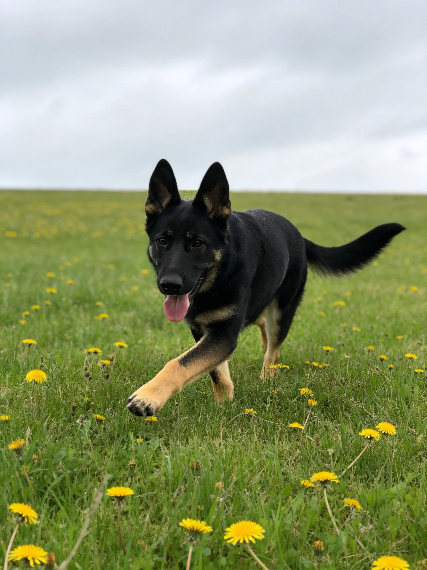 A German Shepherd runs joyfully through a flower - dotted meadow.