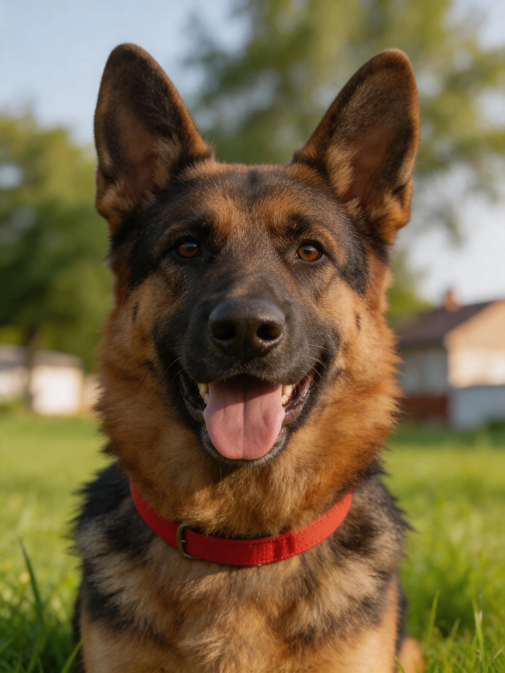 A German Shepherd with a red collar enjoys time outdoors on grass