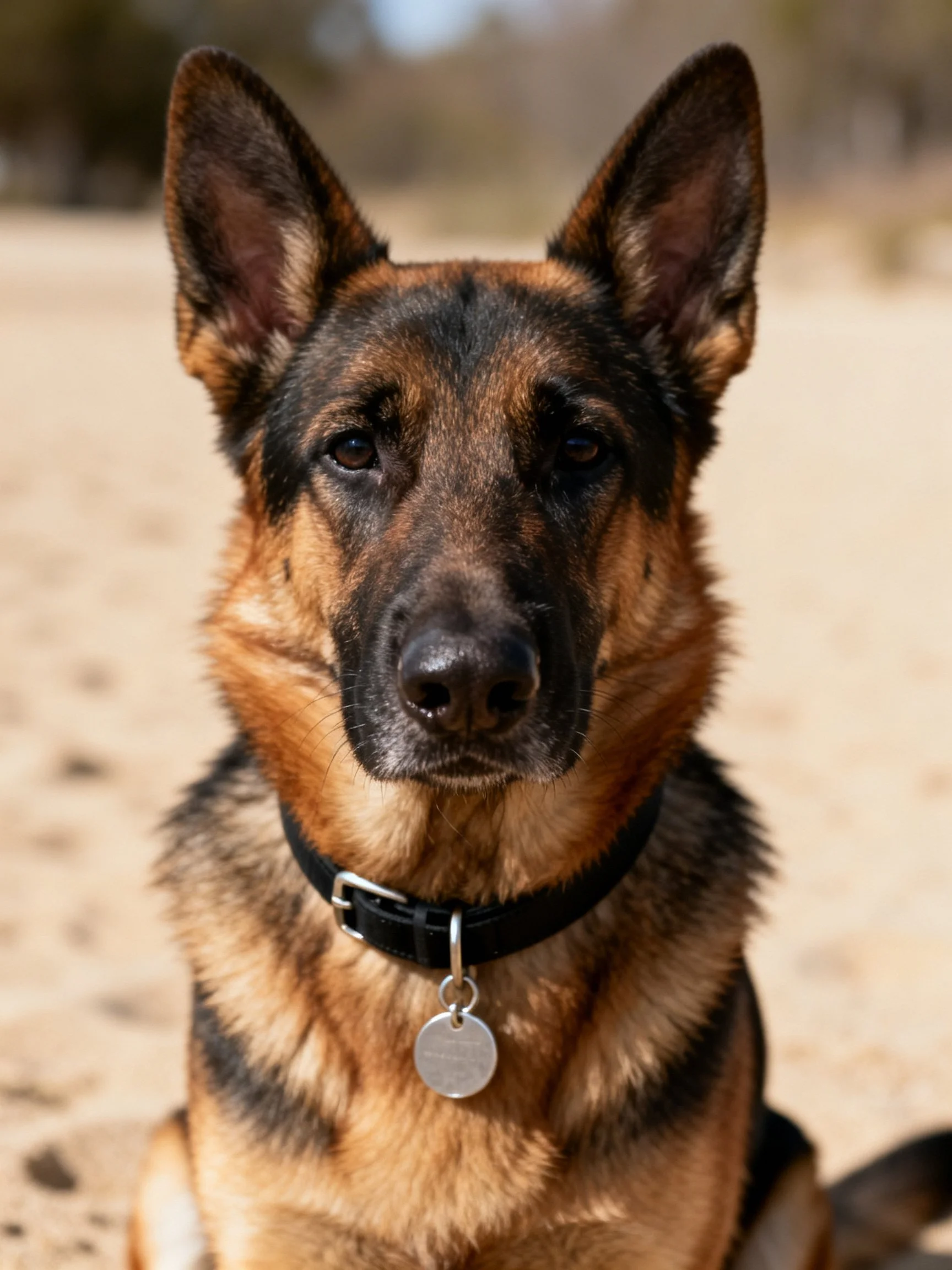 A German Shepherd with black and tan fur sits calmly in an outdoor setting