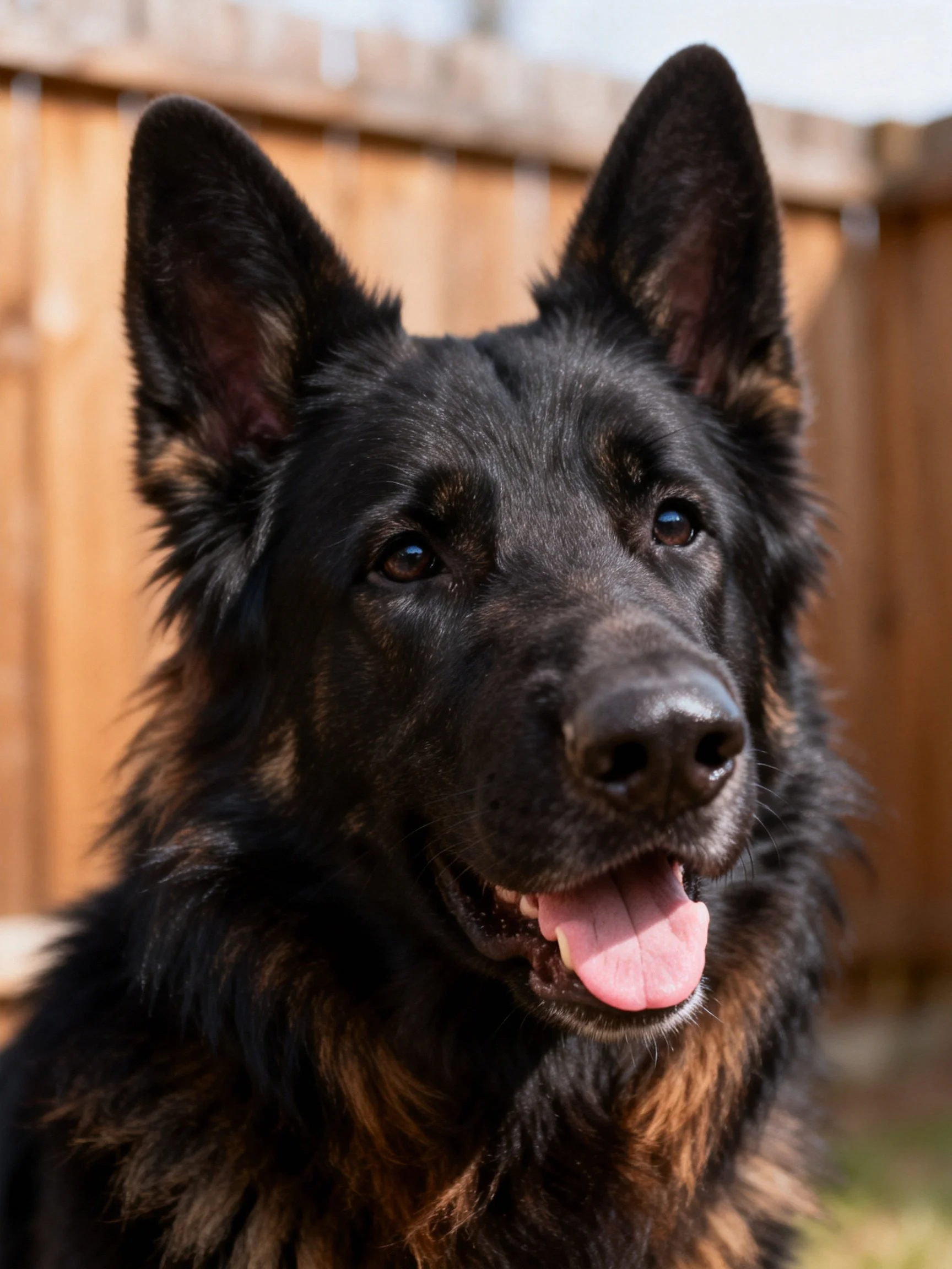 A black and tan German Shepherd stands alert near a wooden fence.