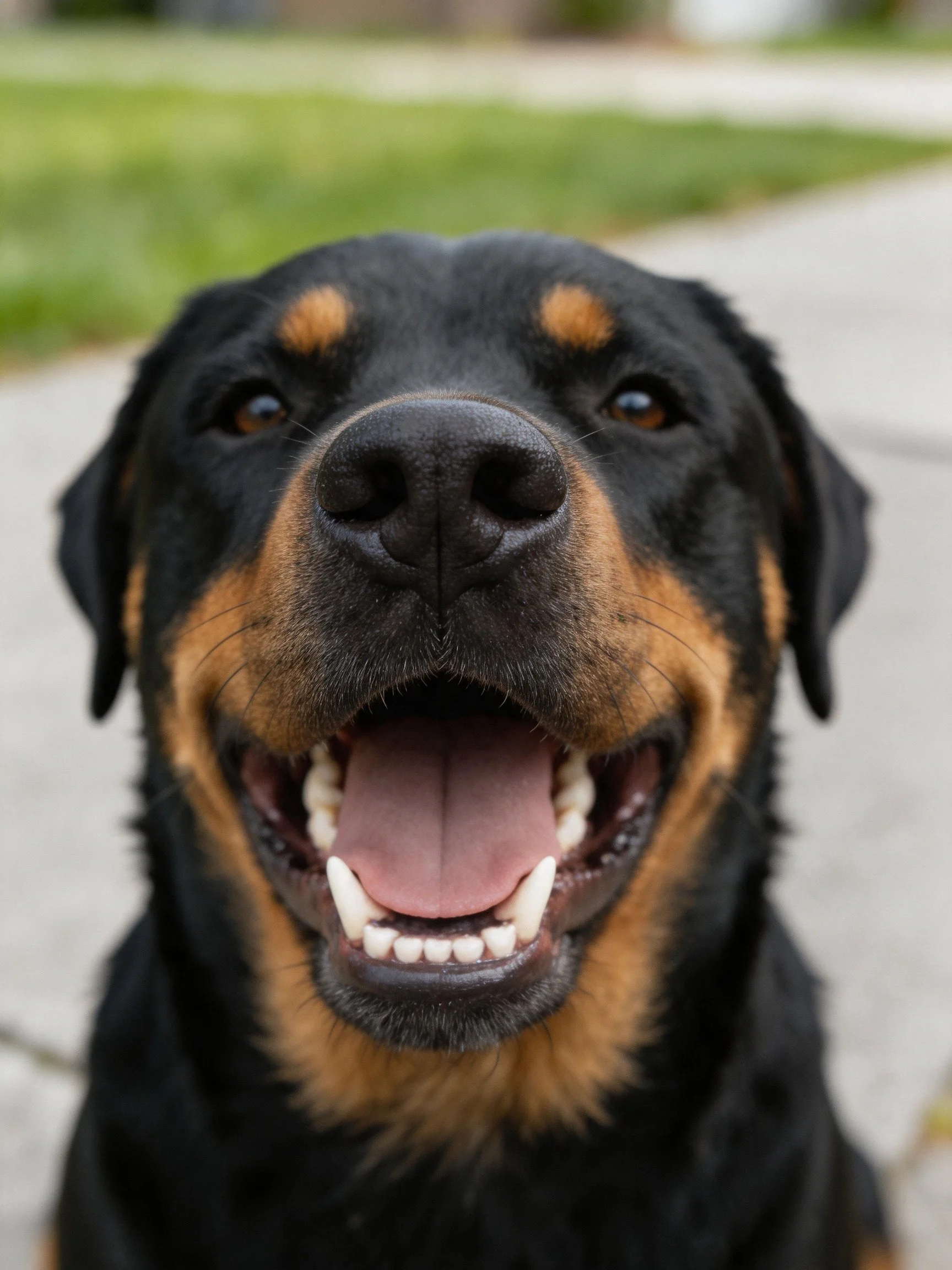 A black and tan Rottweiler dog smiles happily with mouth open.