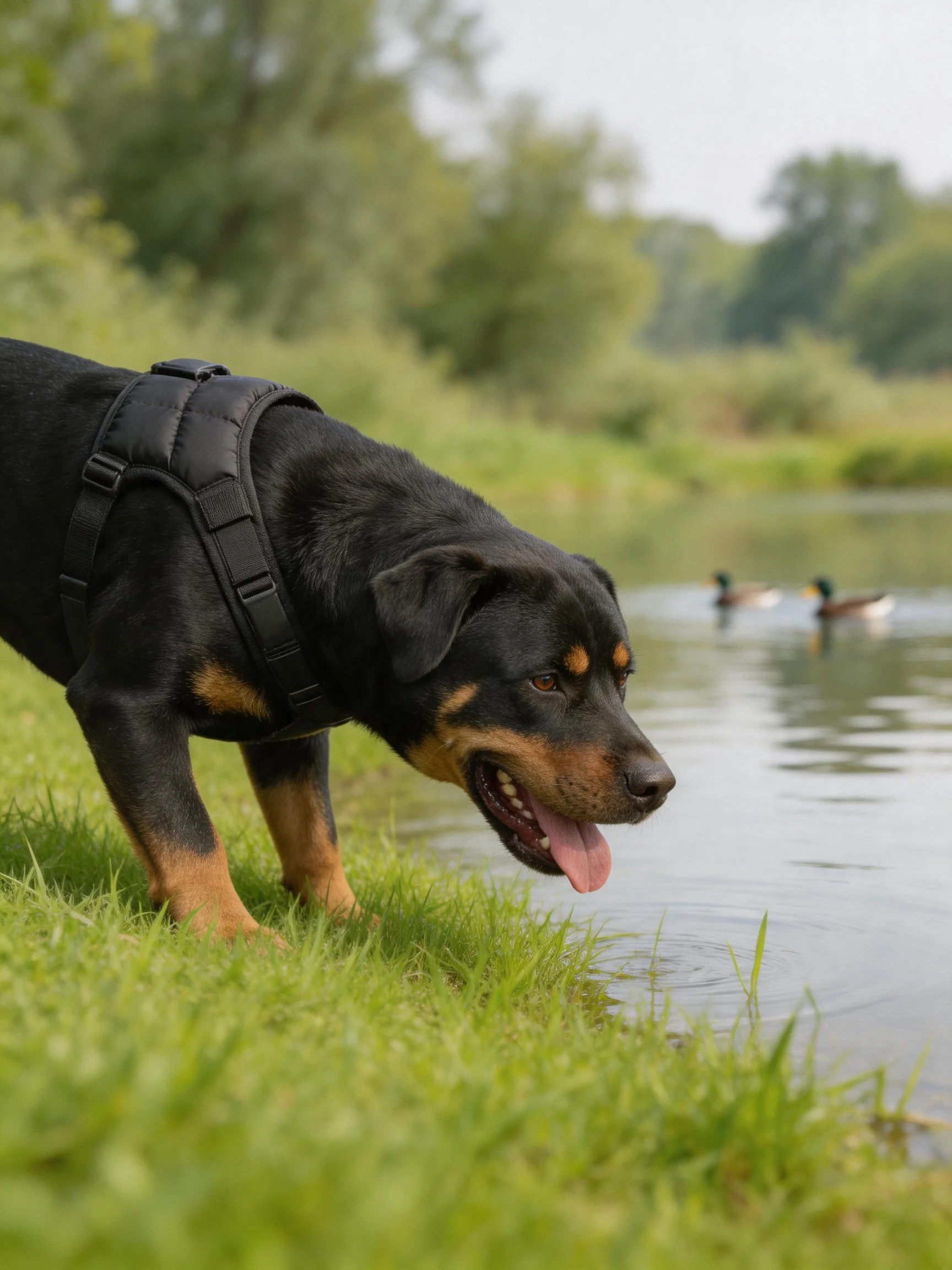 Black and tan Rottweiler near a calm river with ducks
