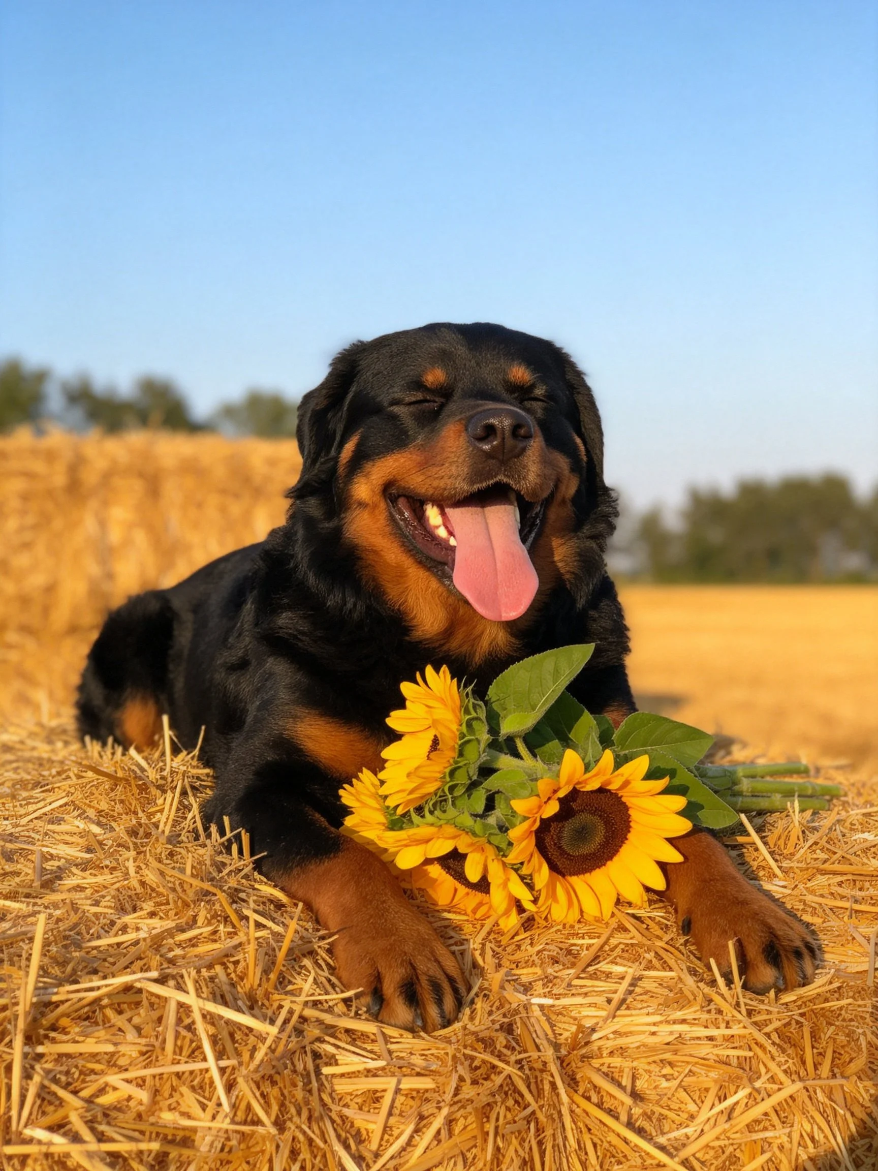 Black and tan Rottweiler on straw with sunflowers