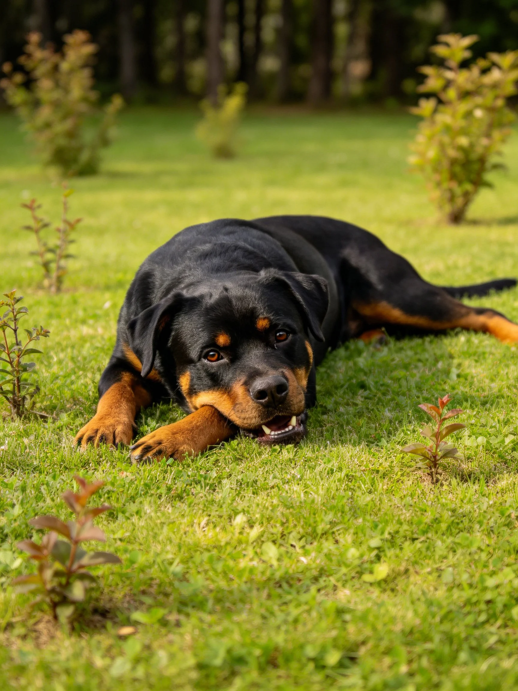 Black and tan Rottweiler puppy resting on lush green grass
