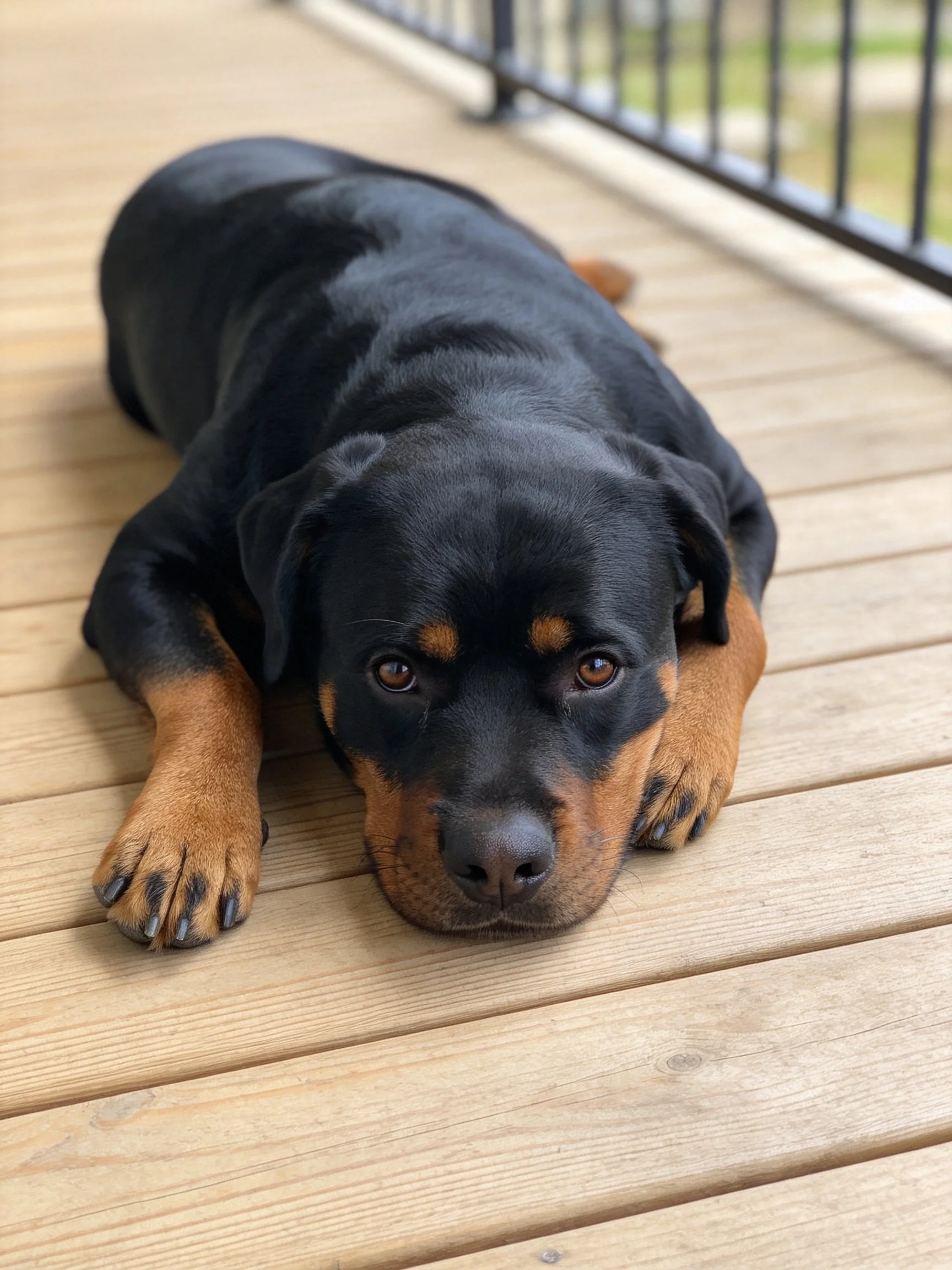 Black and tan Rottweiler puppy resting on wooden planks
