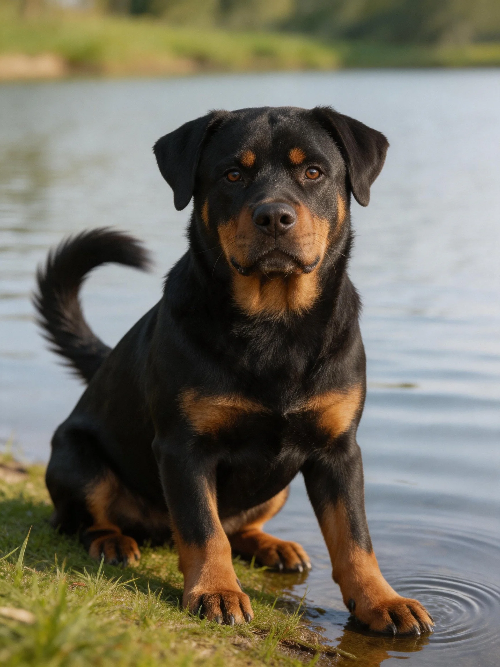 Black and tan Rottweiler resting by calm waterside