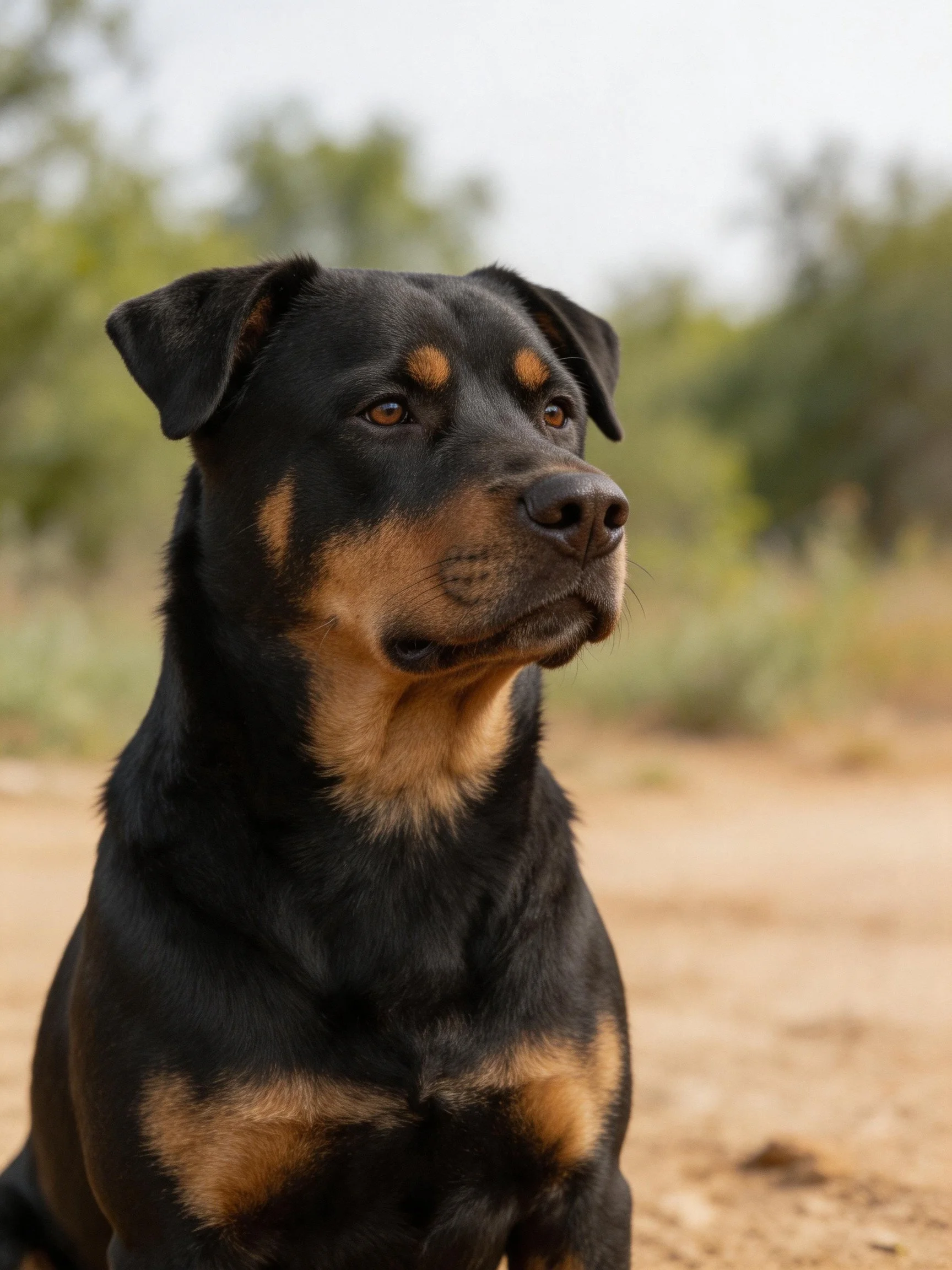 A black and tan Rottweiler sits calmly on a dirt path in an outdoor setting.