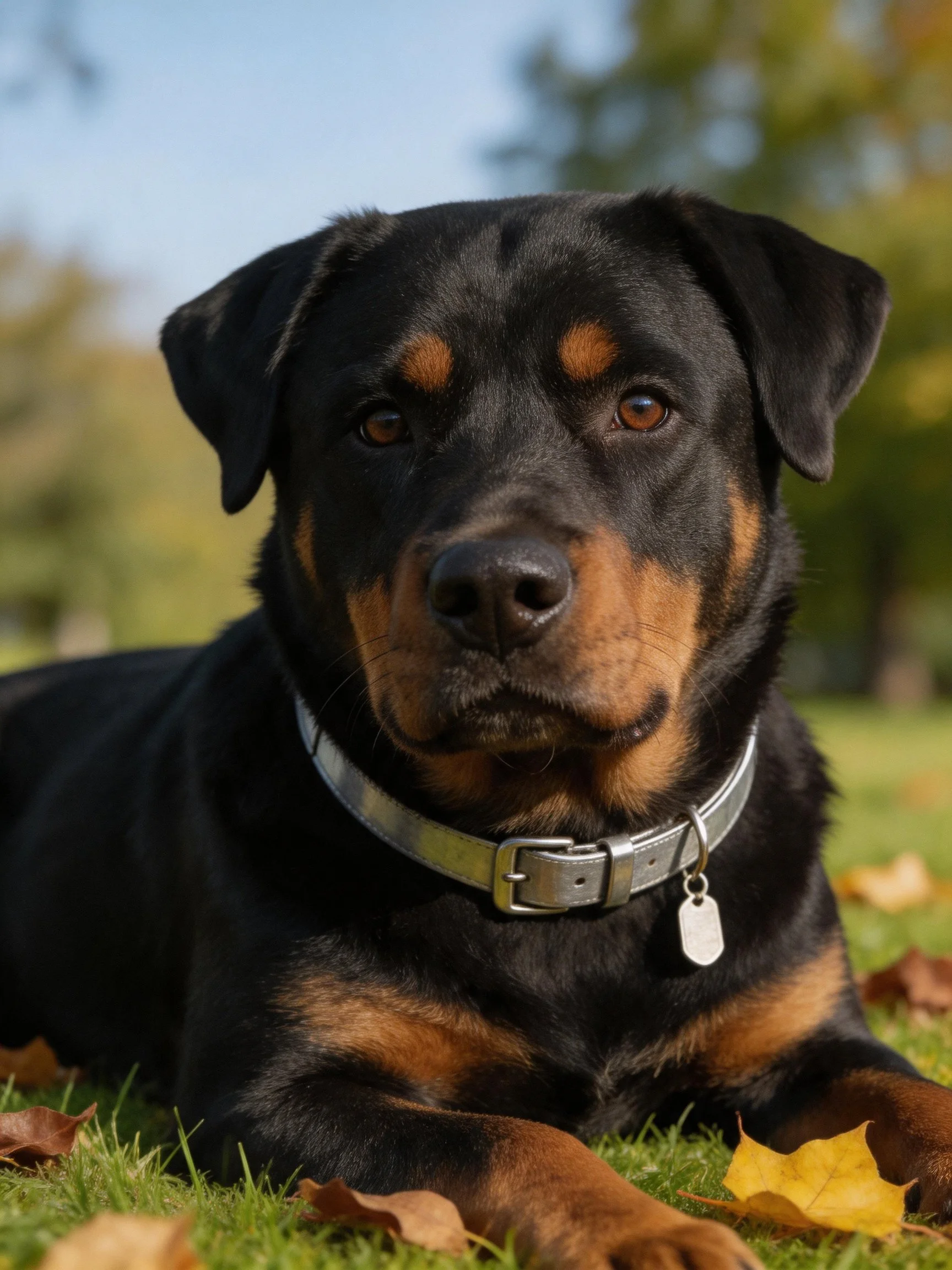 Black and tan Rottweiler resting on grass with autumn leaves